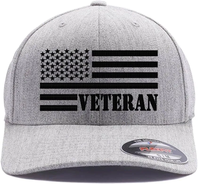 Veteran American Flag Embroidered Flex Fitted Baseball Hat. Custom Embroidered Baseball Cap