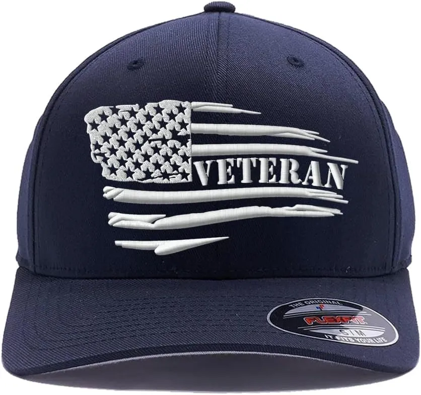 Veteran American Flag Embroidered Flex Fitted Baseball Hat. Custom Embroidered Baseball Cap