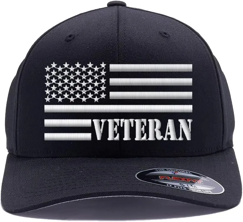 Veteran American Flag Embroidered Flex Fitted Baseball Hat. Custom Embroidered Baseball Cap