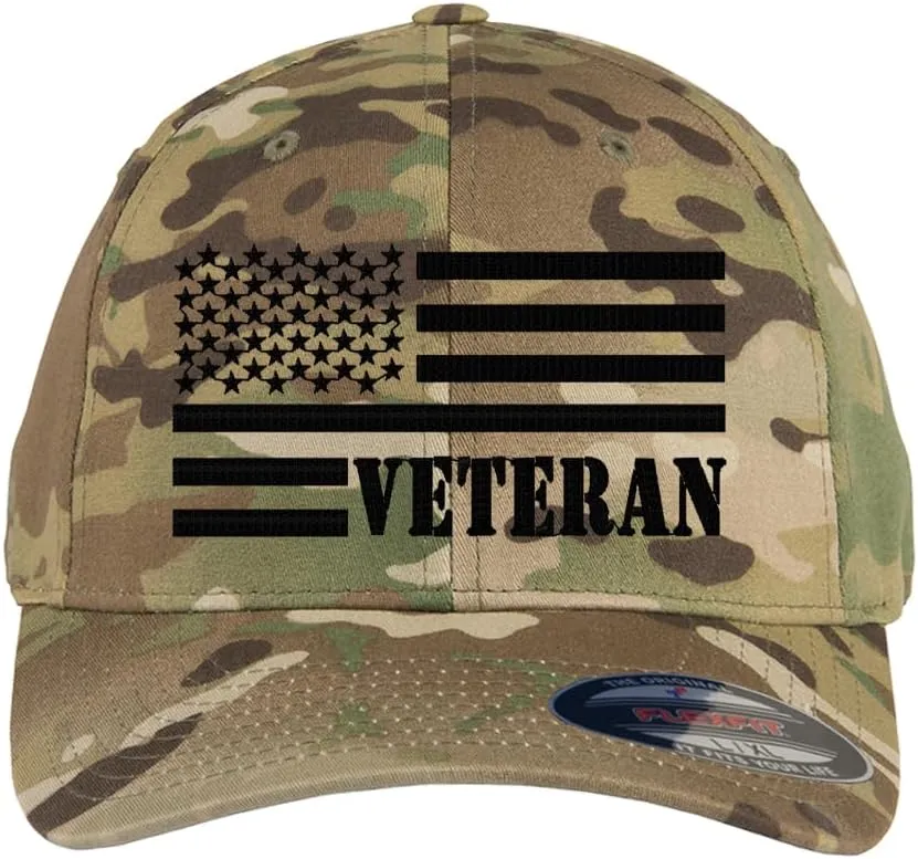 Veteran American Flag Embroidered Flex Fitted Baseball Hat. Custom Embroidered Baseball Cap