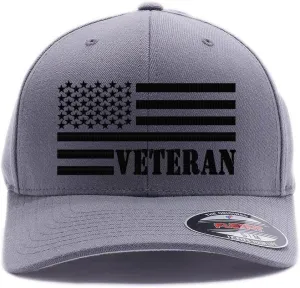 Veteran American Flag Embroidered Flex Fitted Baseball Hat. Custom Embroidered Baseball Cap