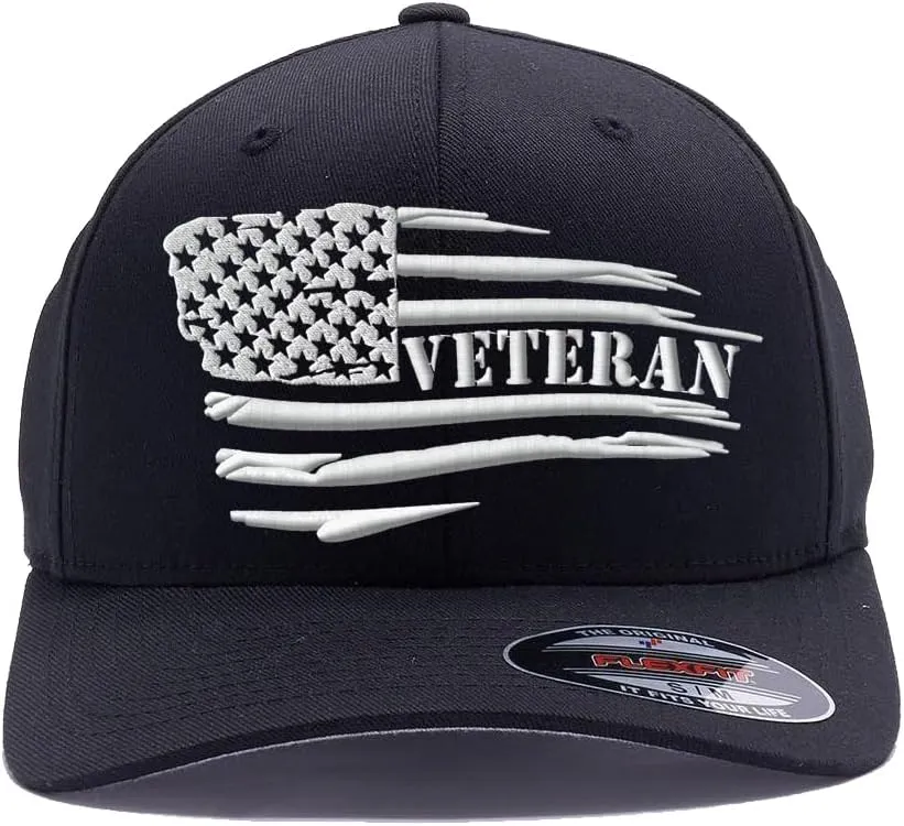 Veteran American Flag Embroidered Flex Fitted Baseball Hat. Custom Embroidered Baseball Cap