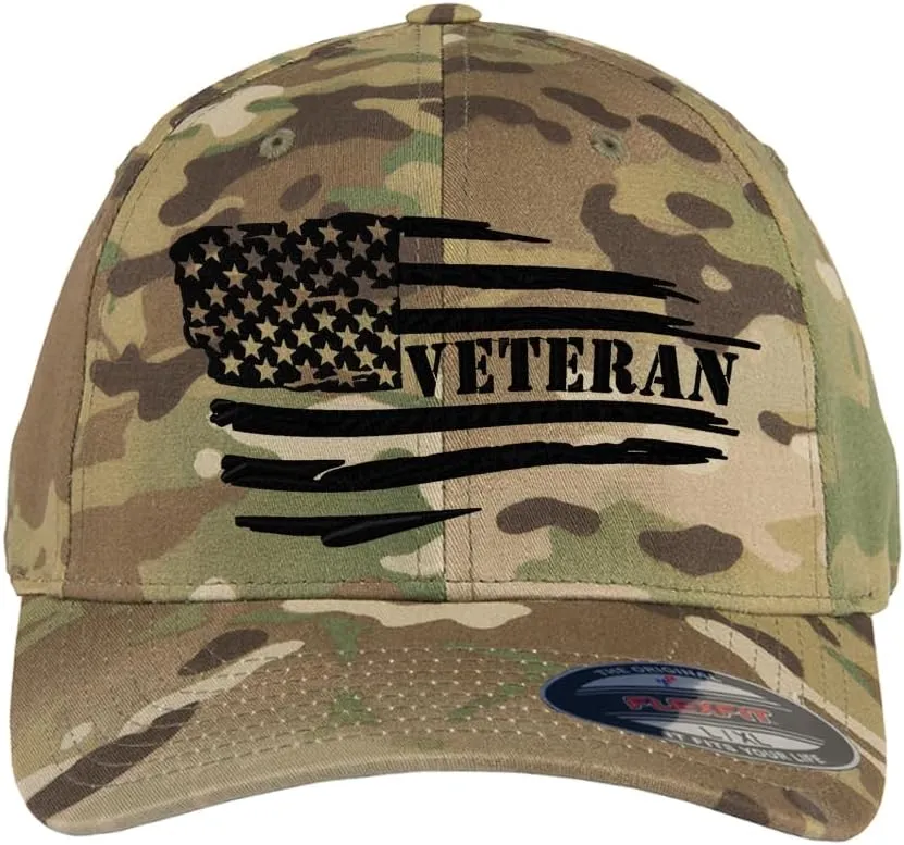 Veteran American Flag Embroidered Flex Fitted Baseball Hat. Custom Embroidered Baseball Cap