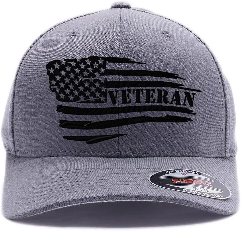 Veteran American Flag Embroidered Flex Fitted Baseball Hat. Custom Embroidered Baseball Cap