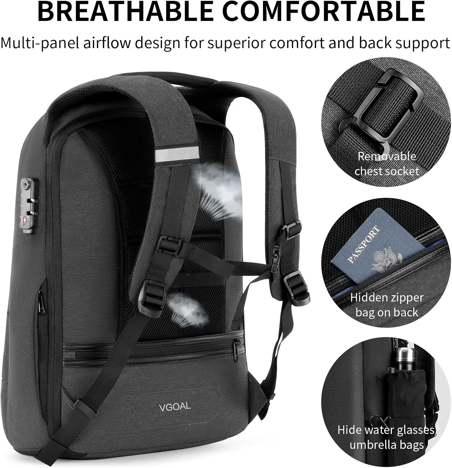 VGOAL Laptop Backpack 15.6 inch with TSA Lock and USB Charging Flight Approved Carry on Business Backpack Anti Theft Traveling Bag for Men and Women