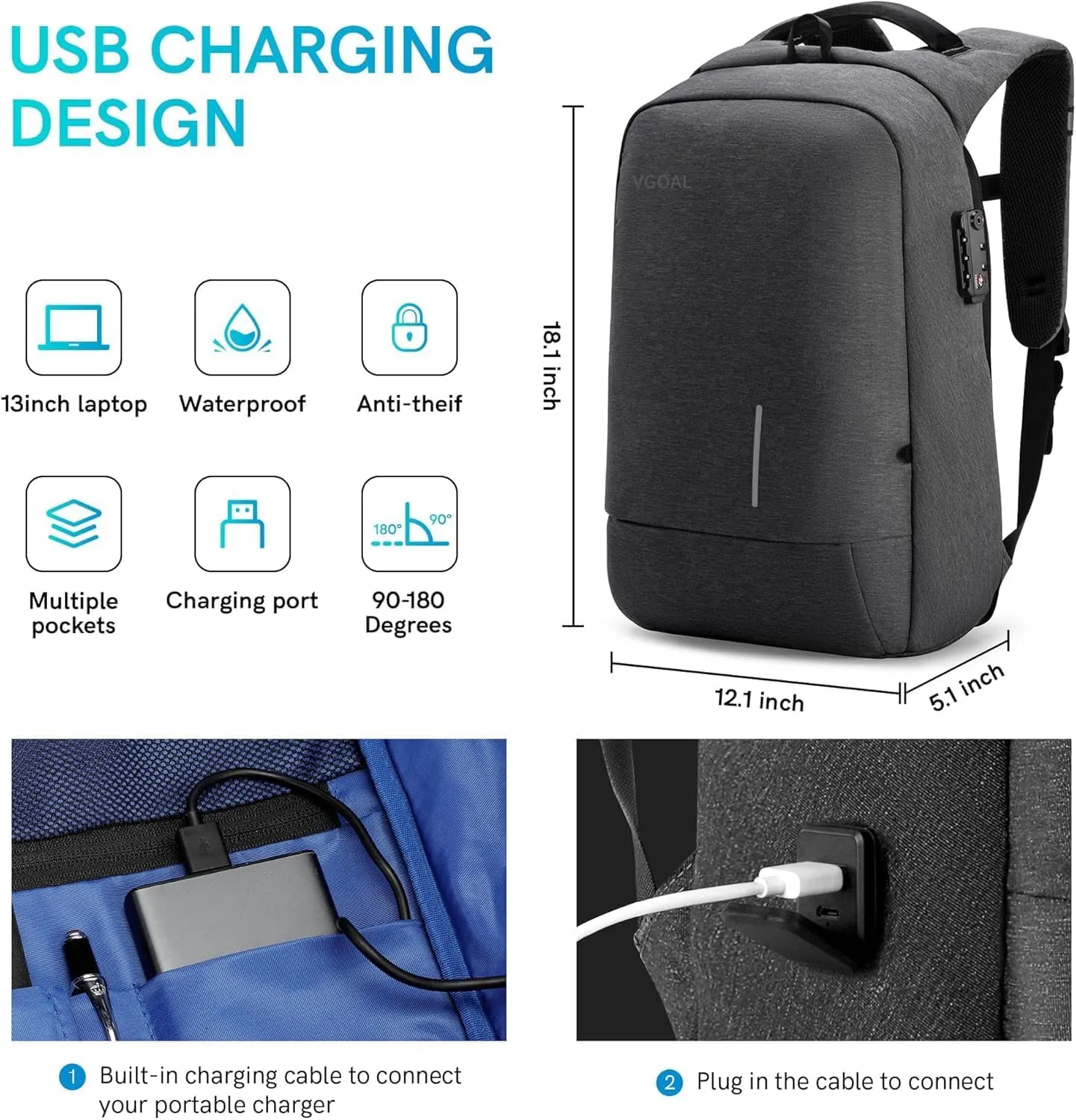 VGOAL Laptop Backpack 15.6 inch with TSA Lock and USB Charging Flight Approved Carry on Business Backpack Anti Theft Traveling Bag for Men and Women