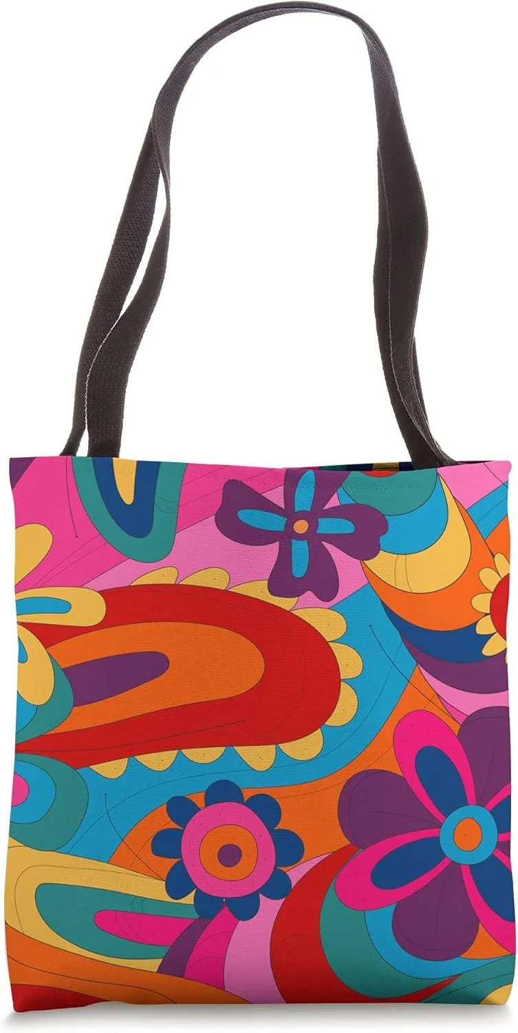 Vibrant Abstract Flower Pattern Groovy Hippie Acid Colored Tote Bag