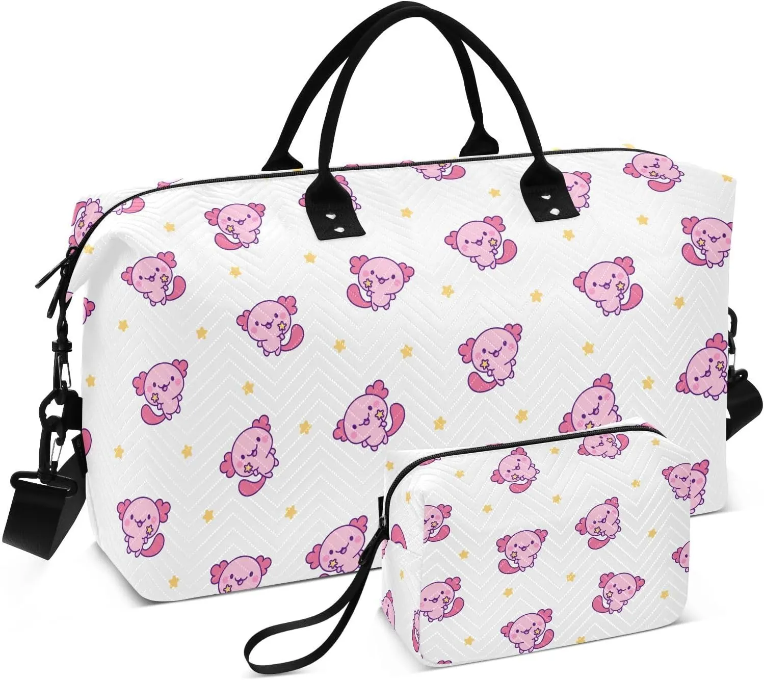 VIGTRO Travel Duffel Bag Weekender Overnight Bag with Toiletry Bag Cute Kawaii Axolotl Star Printed, Carry On Luggage Bag for Hospital Gym Travel Business, 2 Pcs Set