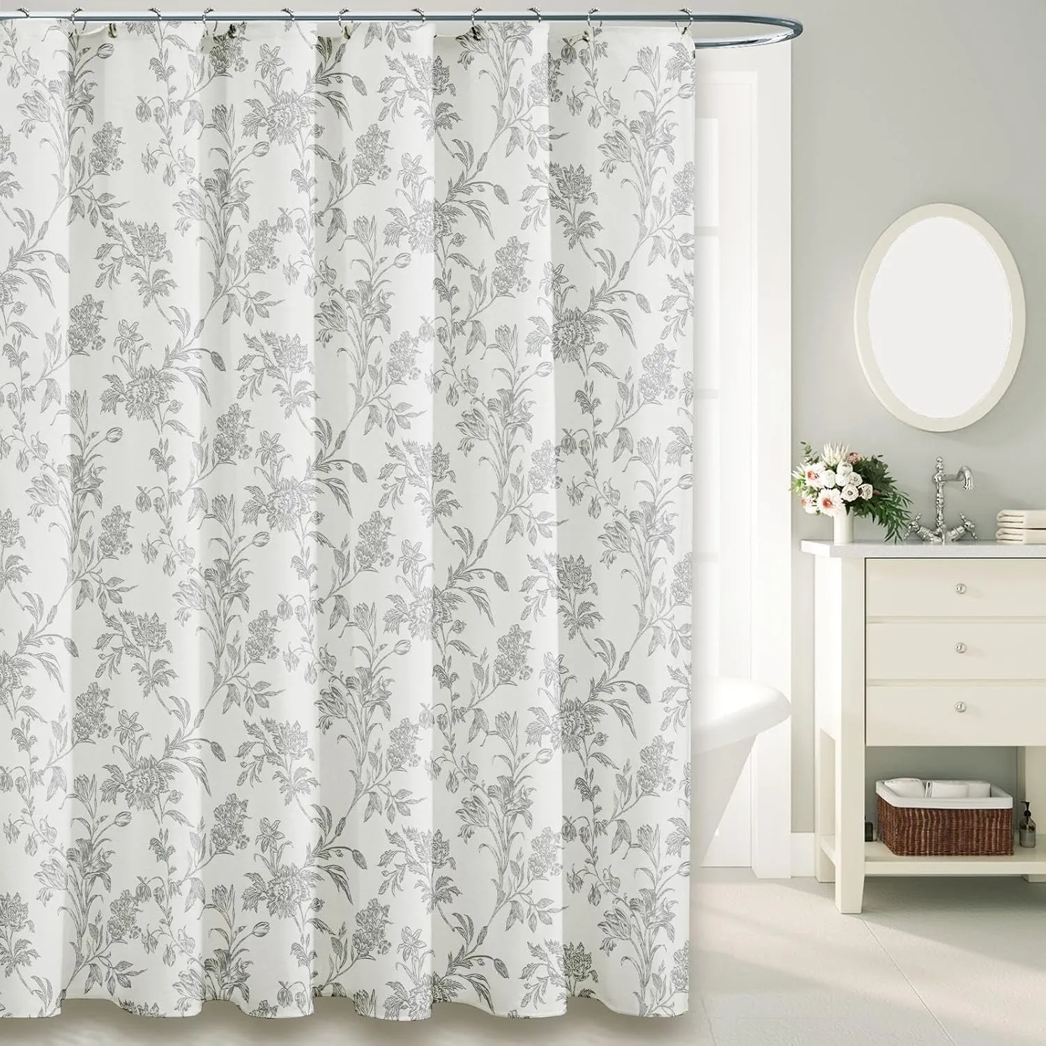 Vintage Farmhouse Shower Curtain for Bathroom Grey Shower Curtain Floral Cotton 72" W x 72" L