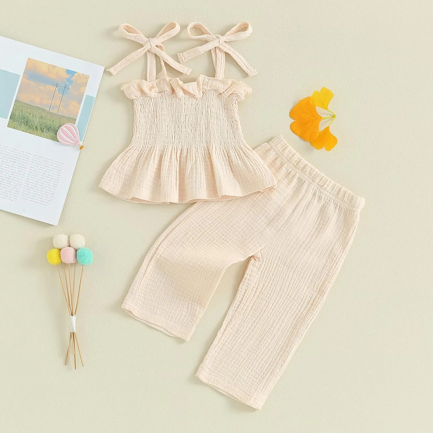 VISGOGO Infant Baby Toddler Girls Clothes Solid Color Sleeveless Camisole Linen Pants Set Baby Summer Outfits