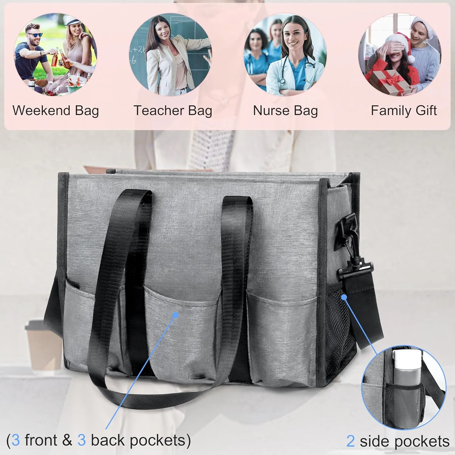 VOLGANIK ROCK Tote Bag with Compartments, Large Multi Pockets Tote Bag for Women & Men Work Tote Bags with Zipper