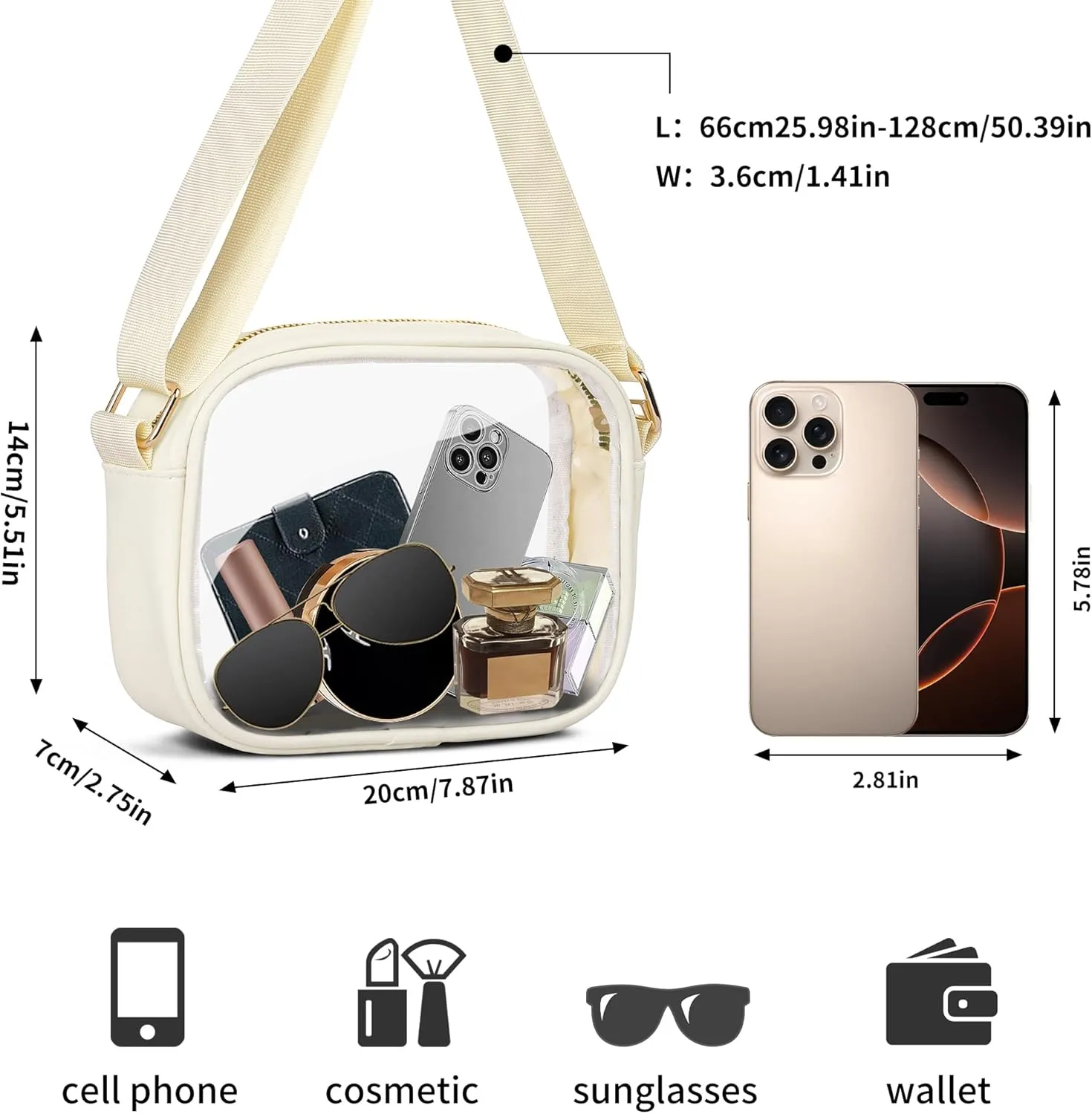 VOROLO Stadium Approved Clear Crossbody Bag,Small See Through Purse Handbag with Adjustable Shoulder Strap for Sports Beige