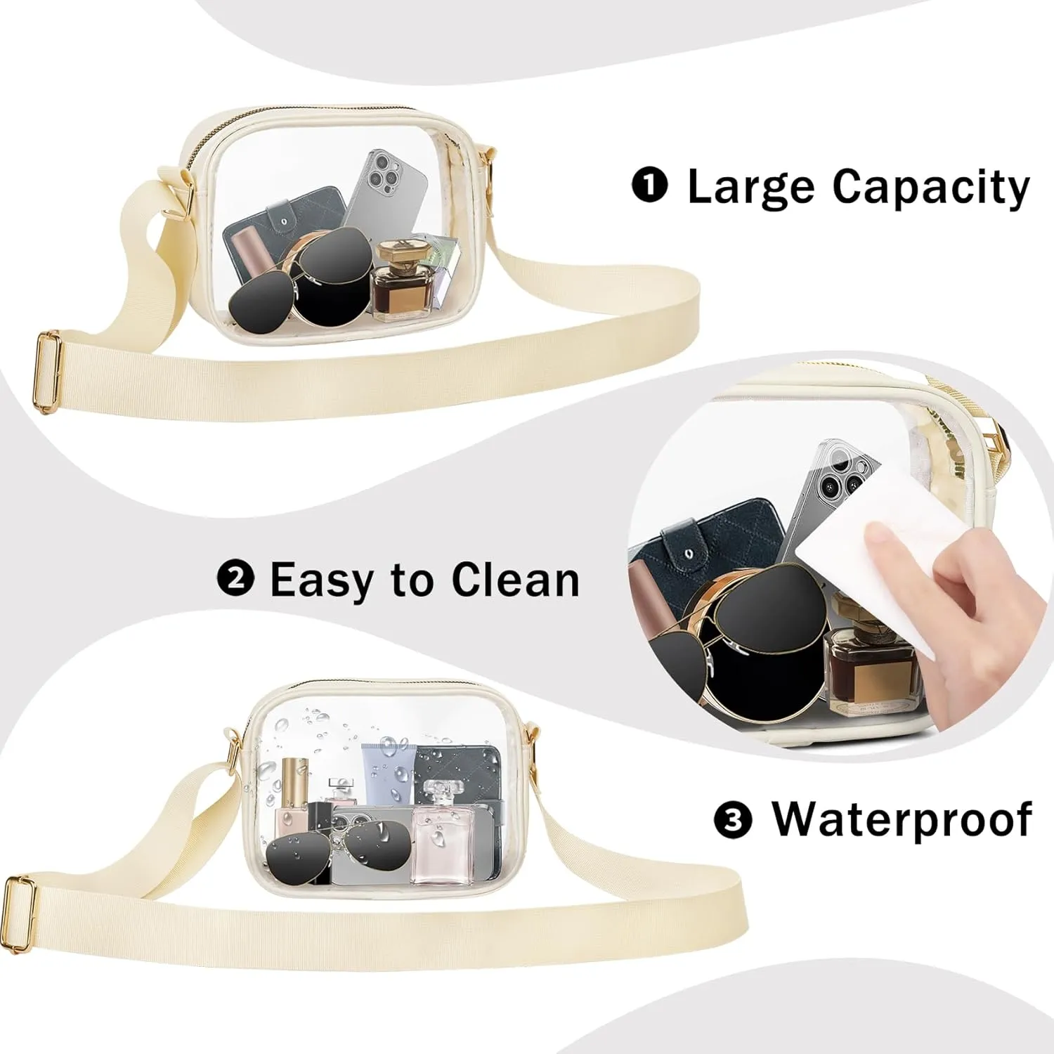 VOROLO Stadium Approved Clear Crossbody Bag,Small See Through Purse Handbag with Adjustable Shoulder Strap for Sports Beige