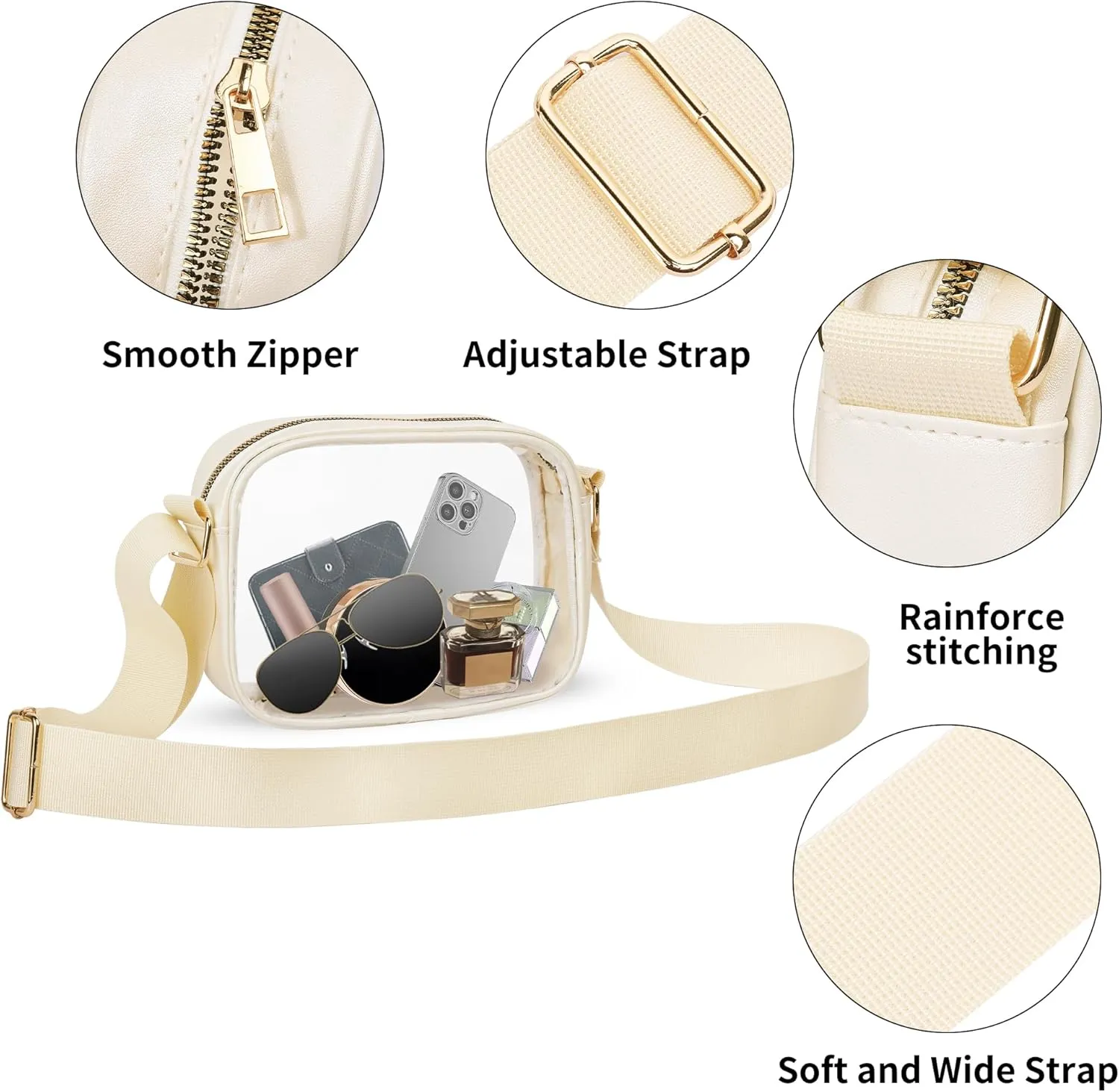 VOROLO Stadium Approved Clear Crossbody Bag,Small See Through Purse Handbag with Adjustable Shoulder Strap for Sports Beige