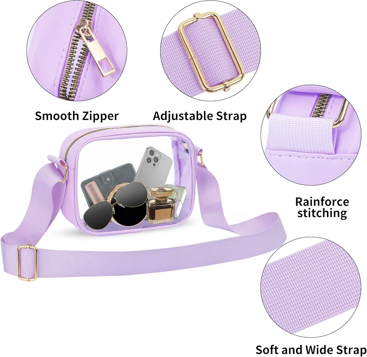 VOROLO Stadium Approved Clear Crossbody Bag,Small See Through Purse Handbag with Adjustable Shoulder Strap for Sports Light Purple