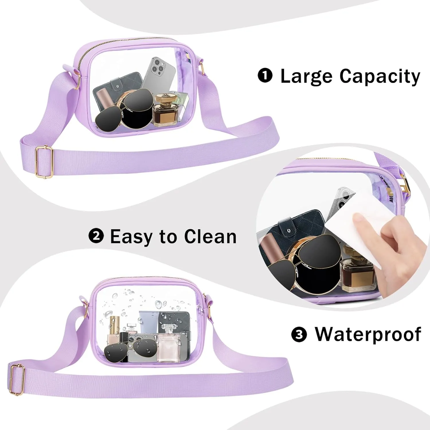 VOROLO Stadium Approved Clear Crossbody Bag,Small See Through Purse Handbag with Adjustable Shoulder Strap for Sports Light Purple