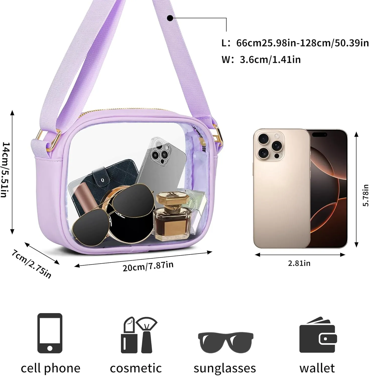 VOROLO Stadium Approved Clear Crossbody Bag,Small See Through Purse Handbag with Adjustable Shoulder Strap for Sports Light Purple