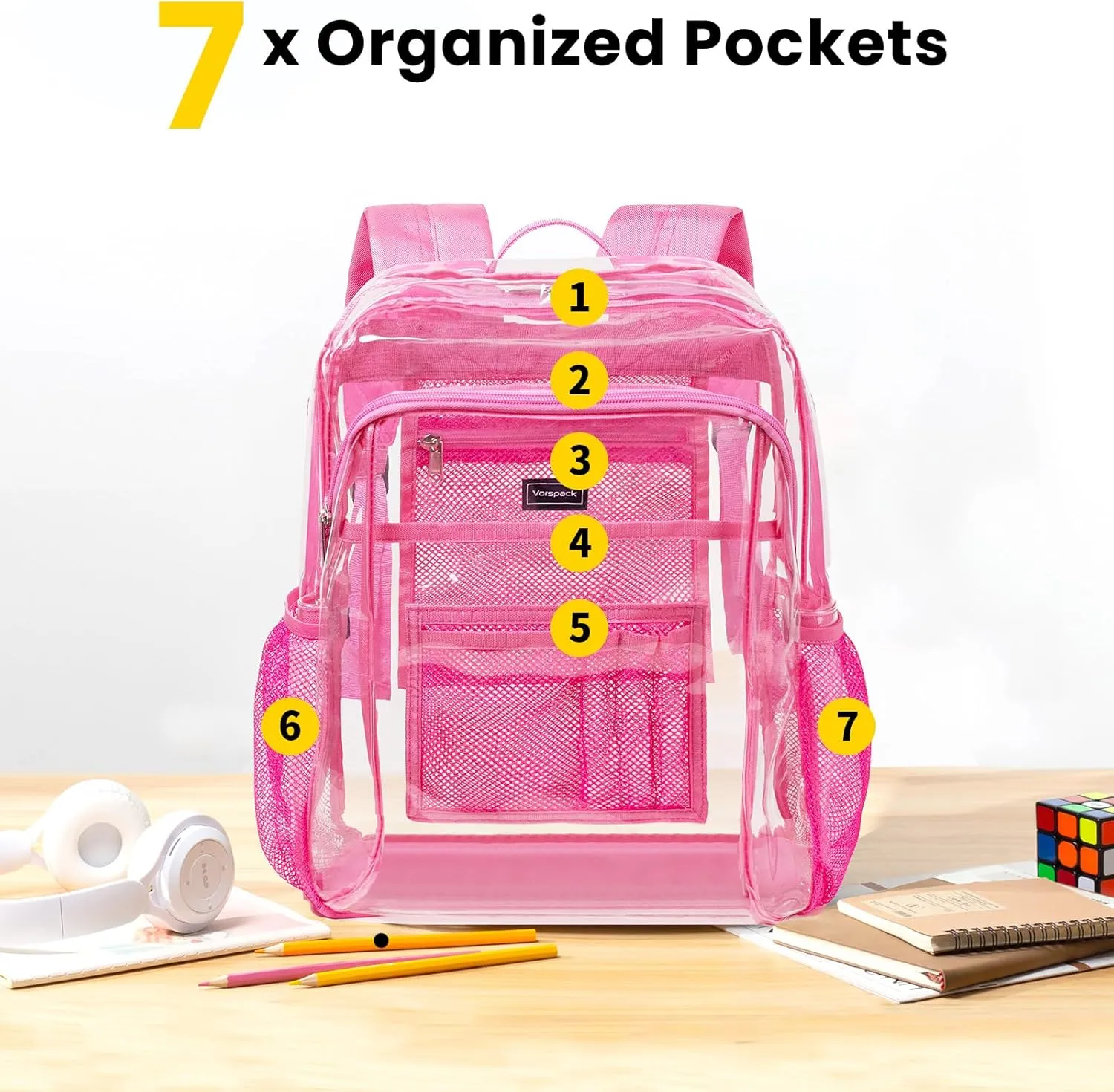 Vorspack Clear Backpack Heavy Duty - Clear Book Bag with Multi-pockets Large See Through Backpack for College Workplace - Pink
