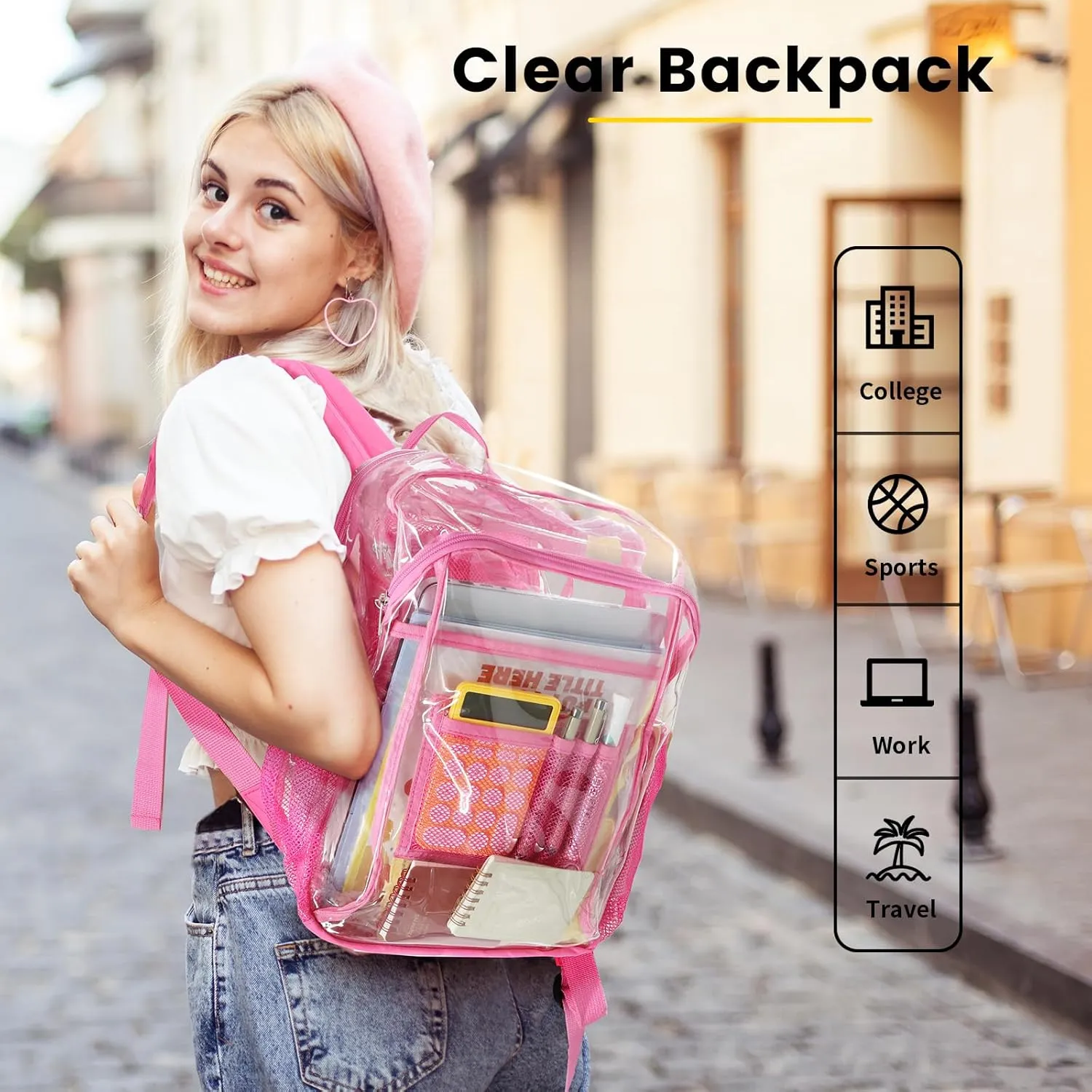 Vorspack Clear Backpack Heavy Duty - Clear Book Bag with Multi-pockets Large See Through Backpack for College Workplace - Pink