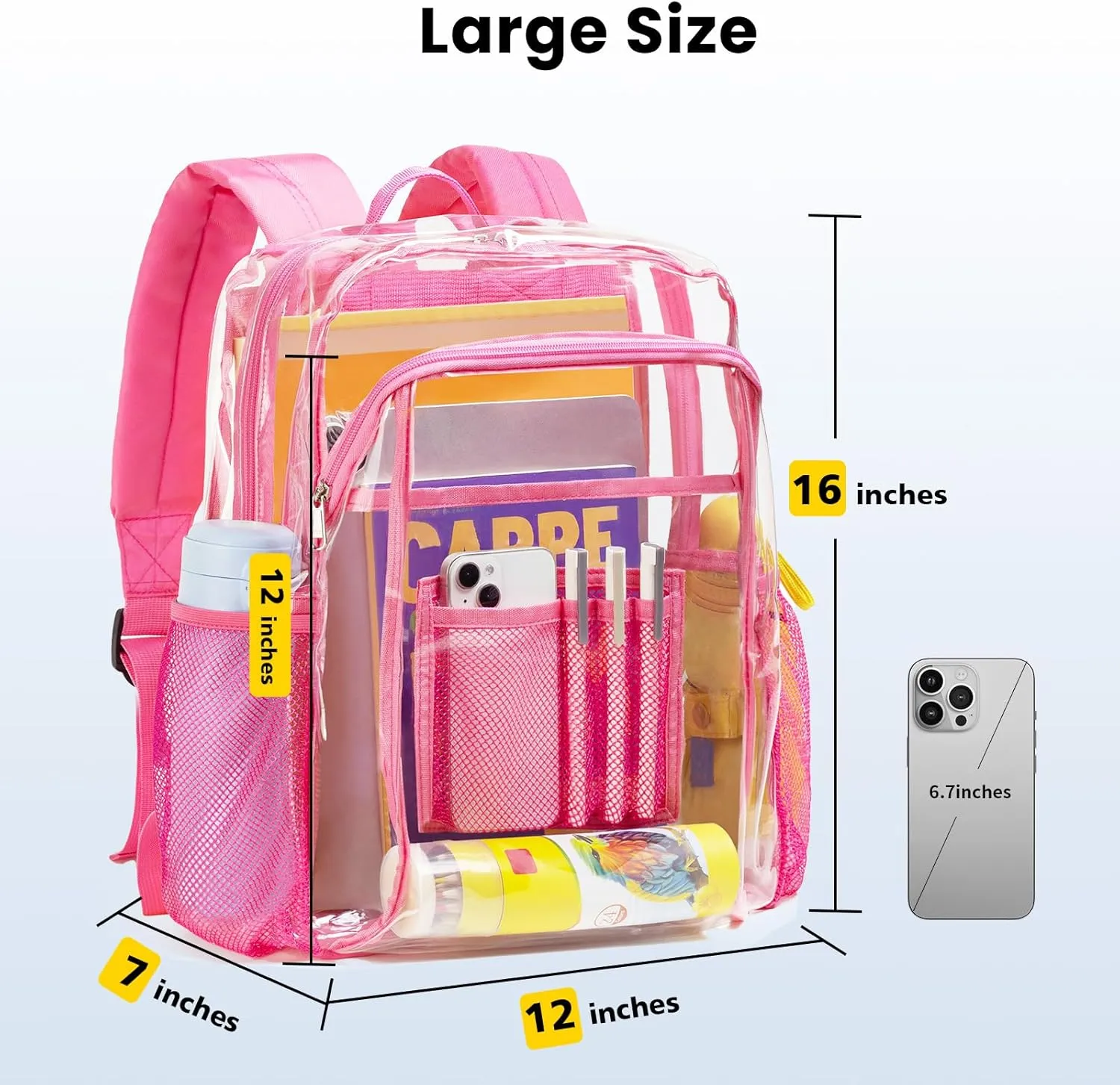 Vorspack Clear Backpack Heavy Duty - Clear Book Bag with Multi-pockets Large See Through Backpack for College Workplace - Pink