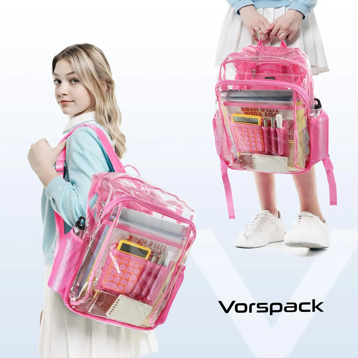 Vorspack Clear Backpack Heavy Duty - Clear Book Bag with Multi-pockets Large See Through Backpack for College Workplace - Pink
