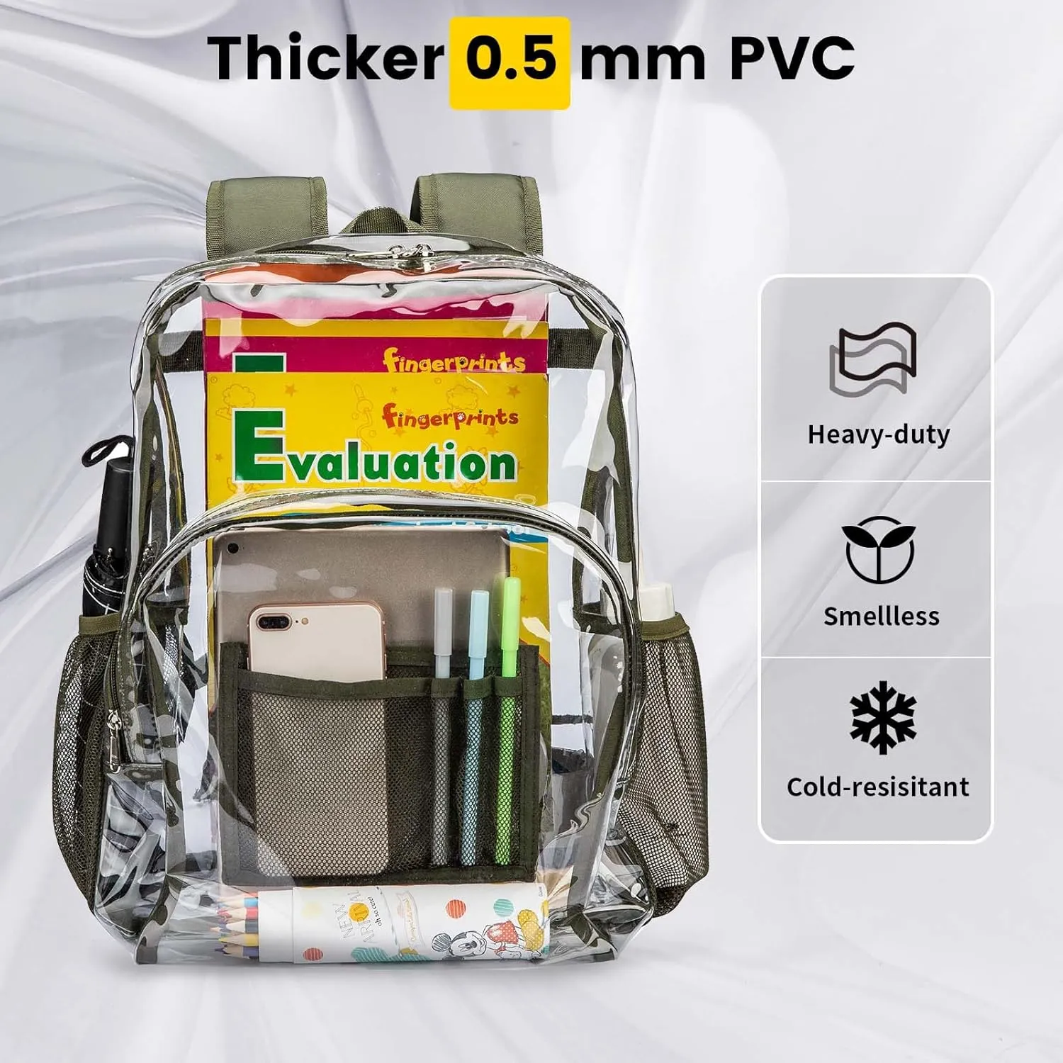 Vorspack Clear Backpack Heavy Duty PVC Transparent Backpack with Reinforced Strap Stitches & Large Capacity for College Workplace Security - Green