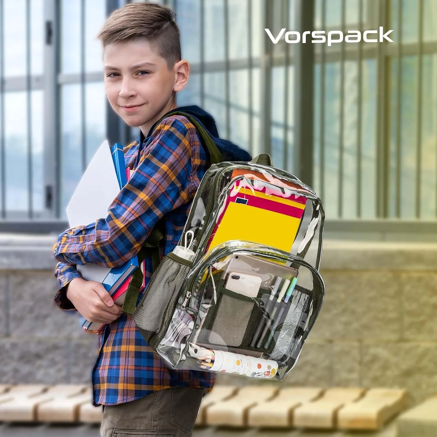 Vorspack Clear Backpack Heavy Duty PVC Transparent Backpack with Reinforced Strap Stitches & Large Capacity for College Workplace Security - Green