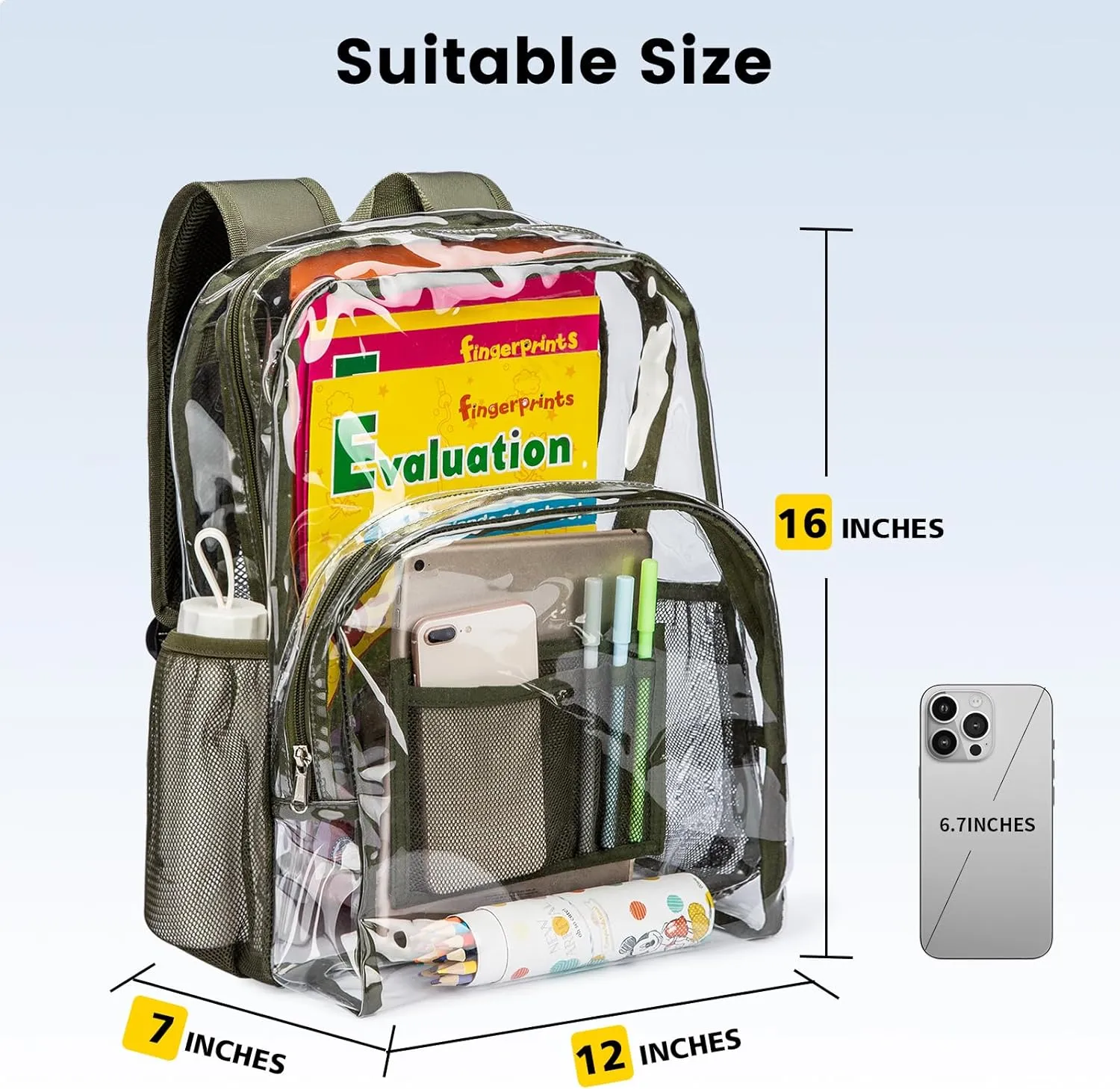 Vorspack Clear Backpack Heavy Duty PVC Transparent Backpack with Reinforced Strap Stitches & Large Capacity for College Workplace Security - Green
