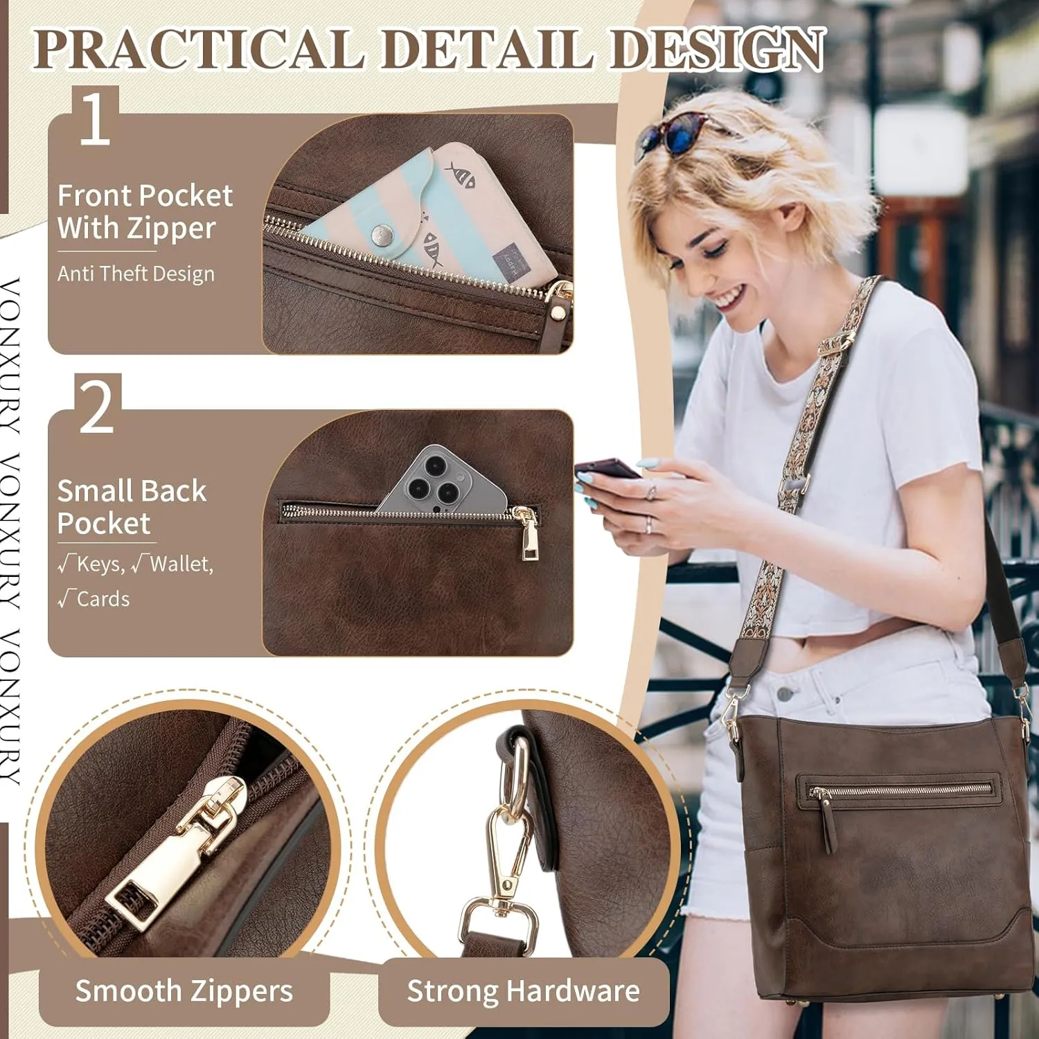 VX VONXURY Crossbody Bag for Women, Trendy Vegan Leather Shoulder Bag, Designer Bucket Bag with 2PCS Adjustable Straps