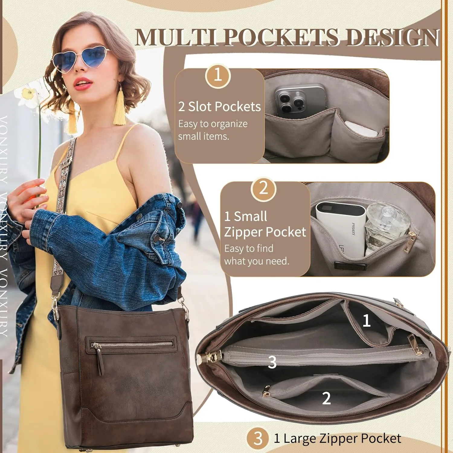 VX VONXURY Crossbody Bag for Women, Trendy Vegan Leather Shoulder Bag, Designer Bucket Bag with 2PCS Adjustable Straps