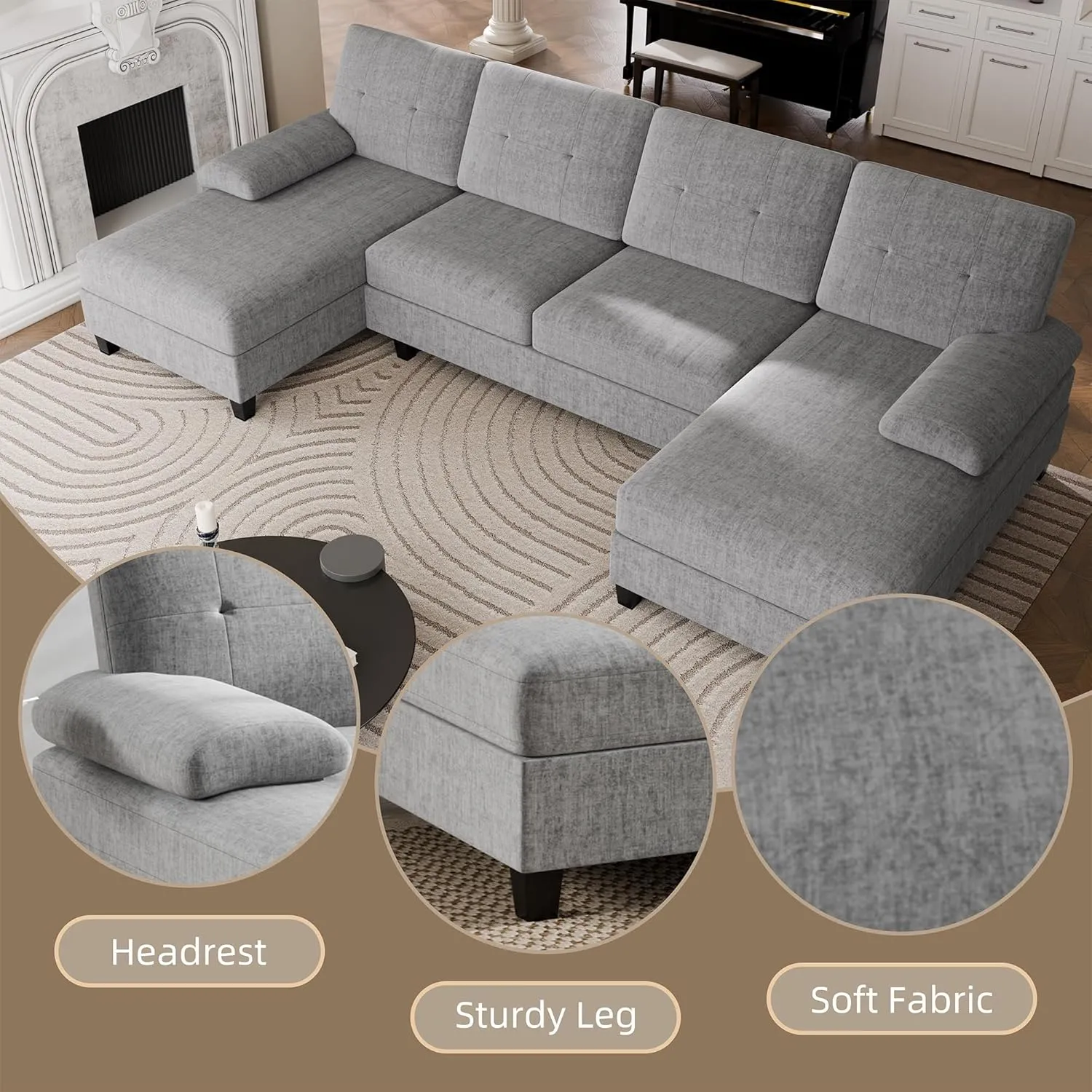 Walsunny Sectional Couches for Living Room, Convertible U-Shaped Sofa Couch with Double Chaise, 4 Seat Sofa Set Modular Sectional Sofa Couch for Apartment, Grey