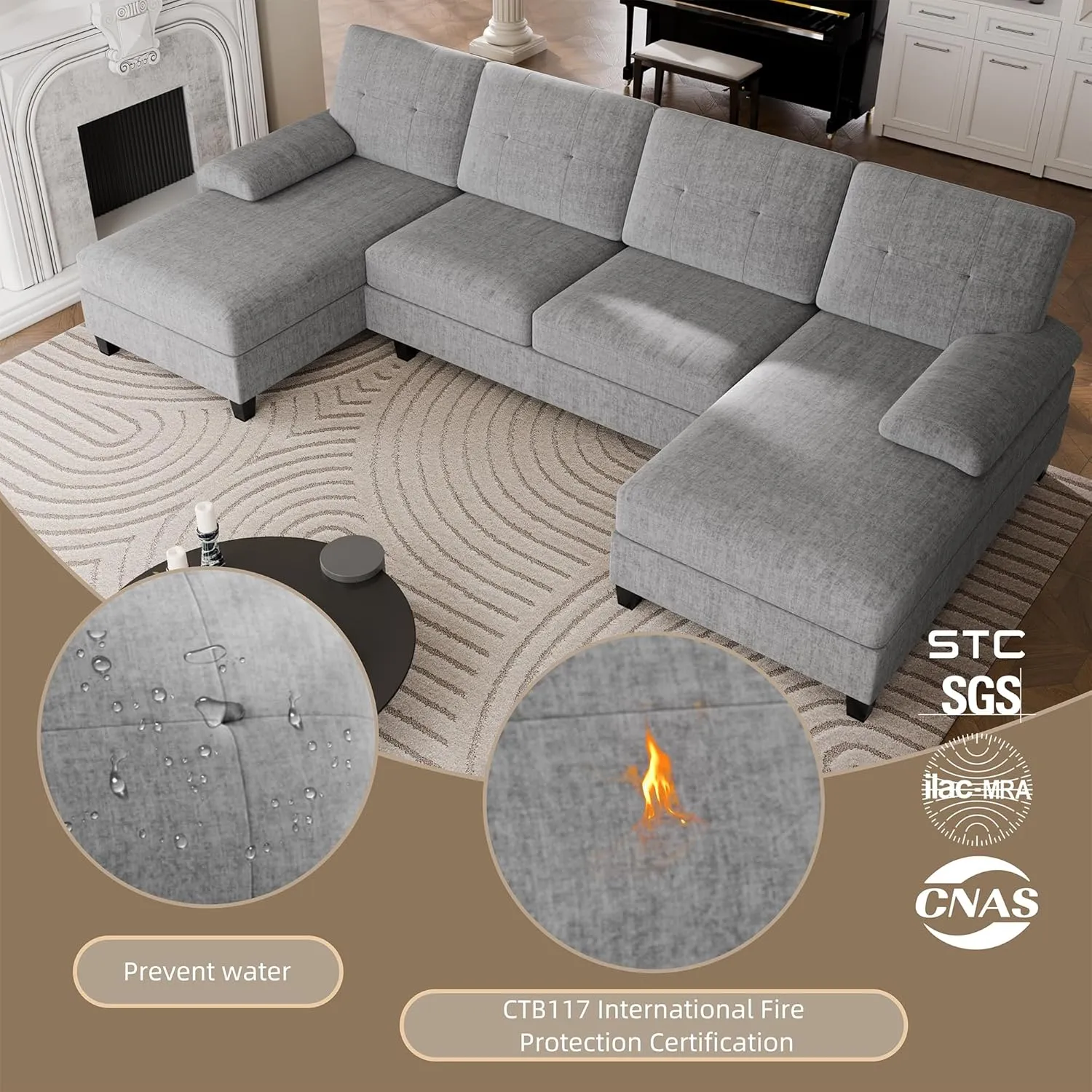 Walsunny Sectional Couches for Living Room, Convertible U-Shaped Sofa Couch with Double Chaise, 4 Seat Sofa Set Modular Sectional Sofa Couch for Apartment, Grey