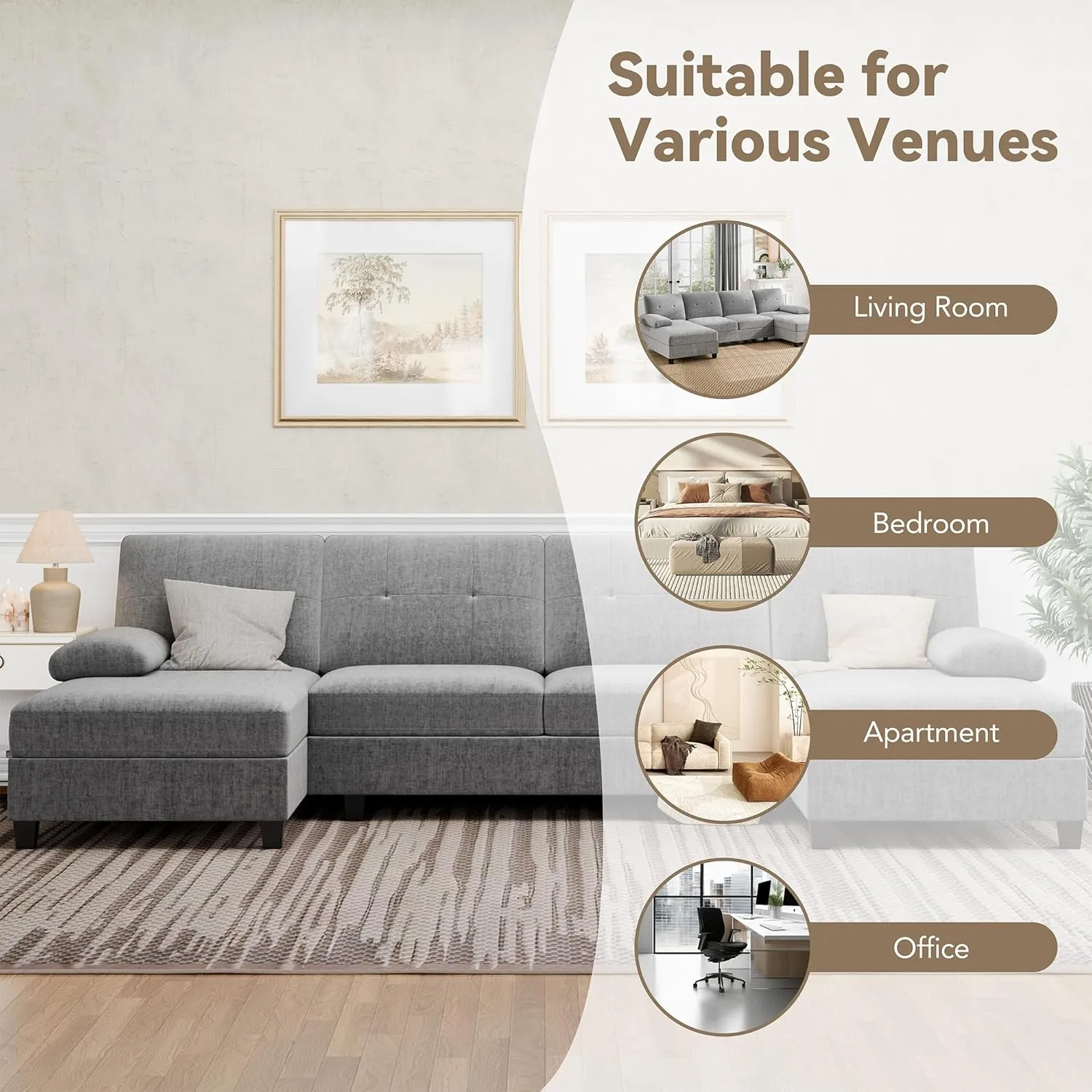 Walsunny Sectional Couches for Living Room, Convertible U-Shaped Sofa Couch with Double Chaise, 4 Seat Sofa Set Modular Sectional Sofa Couch for Apartment, Grey