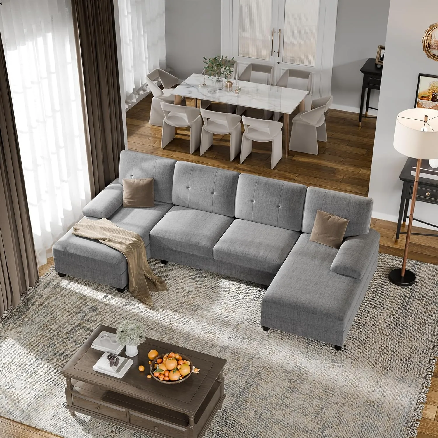 Walsunny Sectional Couches for Living Room, Convertible U-Shaped Sofa Couch with Double Chaise, 4 Seat Sofa Set Modular Sectional Sofa Couch for Apartment, Grey
