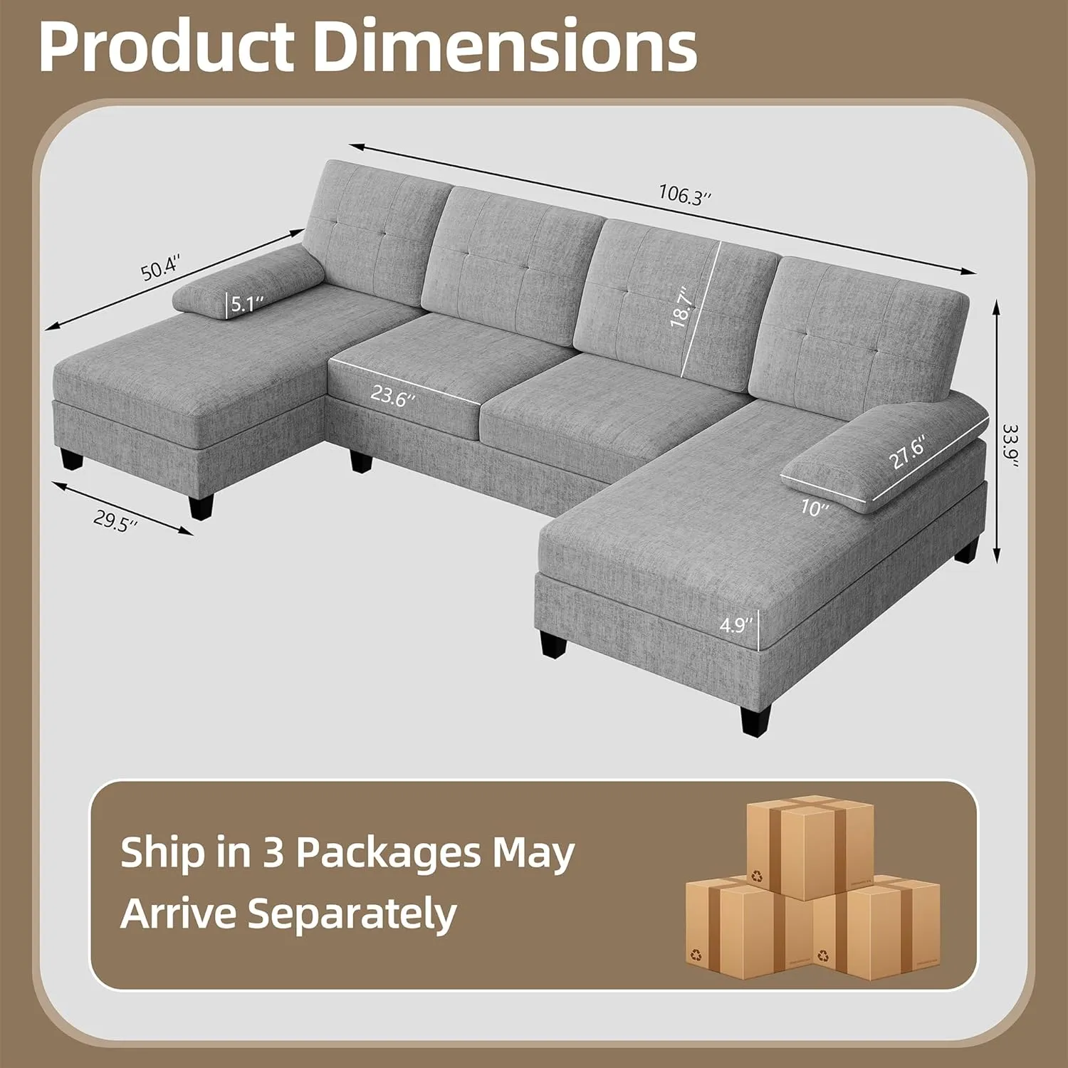 Walsunny Sectional Couches for Living Room, Convertible U-Shaped Sofa Couch with Double Chaise, 4 Seat Sofa Set Modular Sectional Sofa Couch for Apartment, Grey
