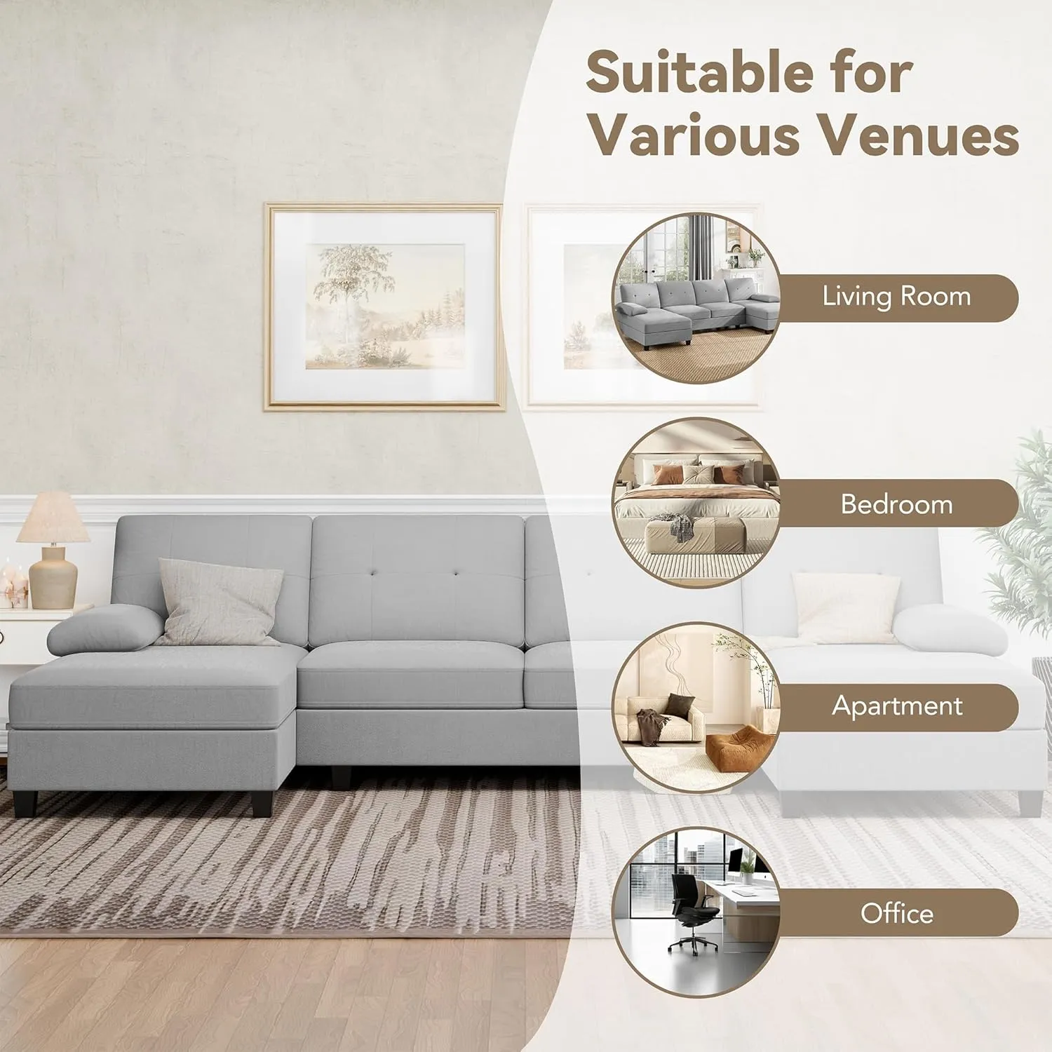 Walsunny Sectional Couches for Living Room, Convertible U-Shaped Sofa Couch with Double Chaise, 4 Seat Sofa Set Modular Sectional Sofa Couch for Apartment, Light Grey