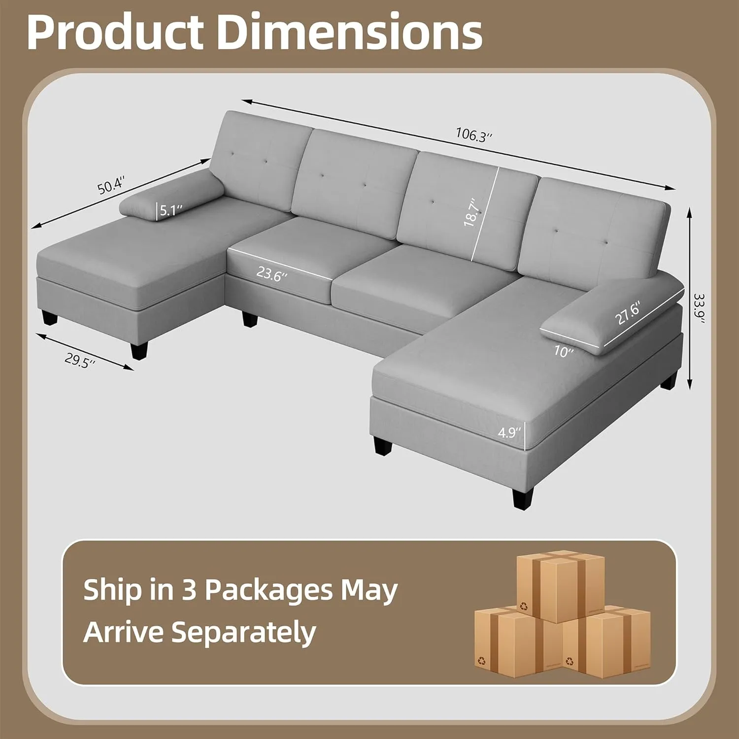 Walsunny Sectional Couches for Living Room, Convertible U-Shaped Sofa Couch with Double Chaise, 4 Seat Sofa Set Modular Sectional Sofa Couch for Apartment, Light Grey
