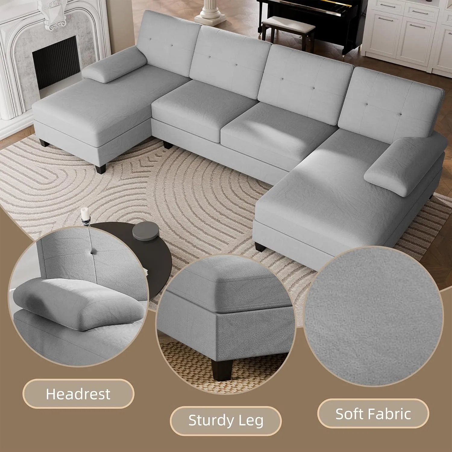 Walsunny Sectional Couches for Living Room, Convertible U-Shaped Sofa Couch with Double Chaise, 4 Seat Sofa Set Modular Sectional Sofa Couch for Apartment, Light Grey