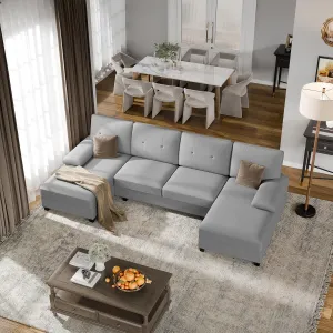 Walsunny Sectional Couches for Living Room, Convertible U-Shaped Sofa Couch with Double Chaise, 4 Seat Sofa Set Modular Sectional Sofa Couch for Apartment, Light Grey