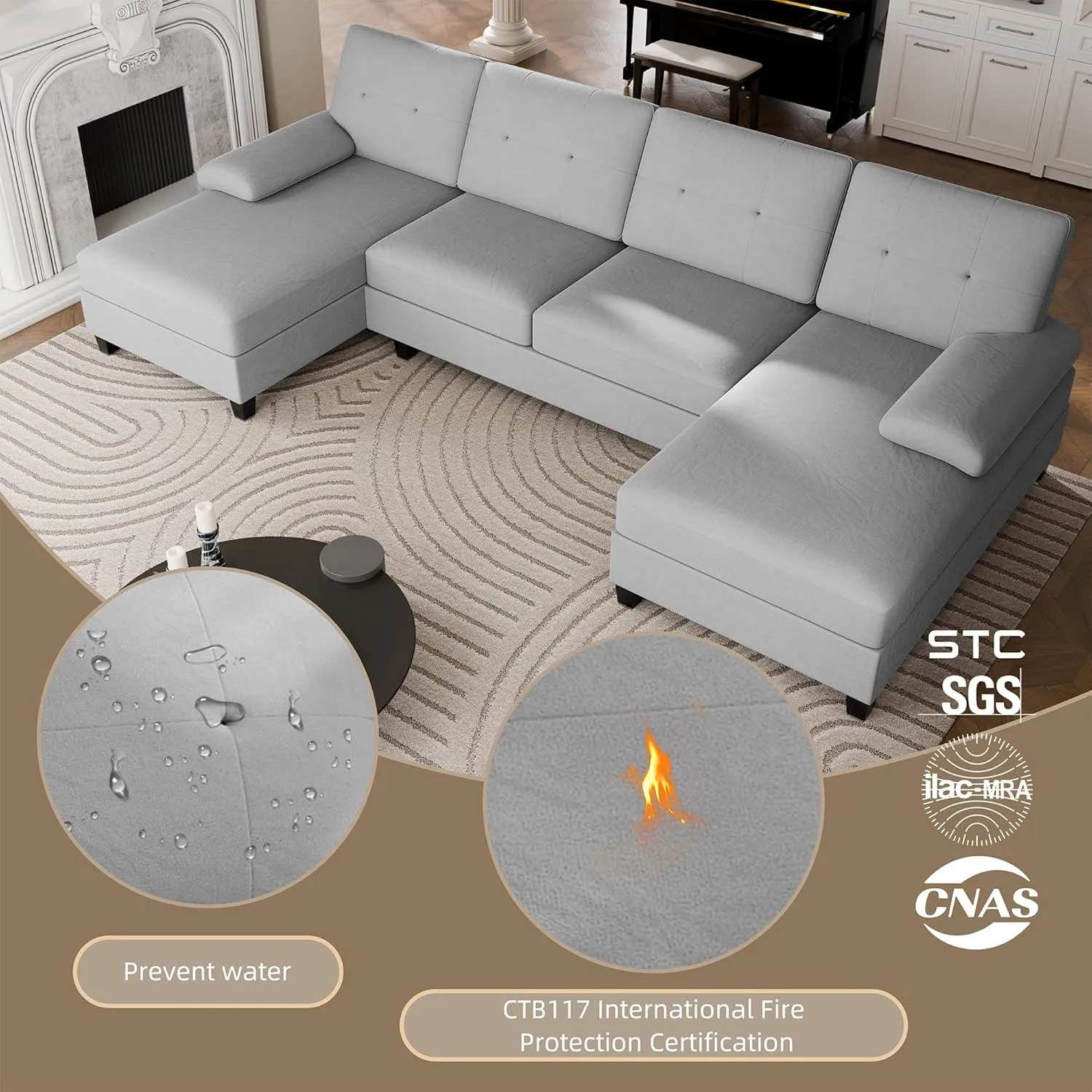 Walsunny Sectional Couches for Living Room, Convertible U-Shaped Sofa Couch with Double Chaise, 4 Seat Sofa Set Modular Sectional Sofa Couch for Apartment, Light Grey