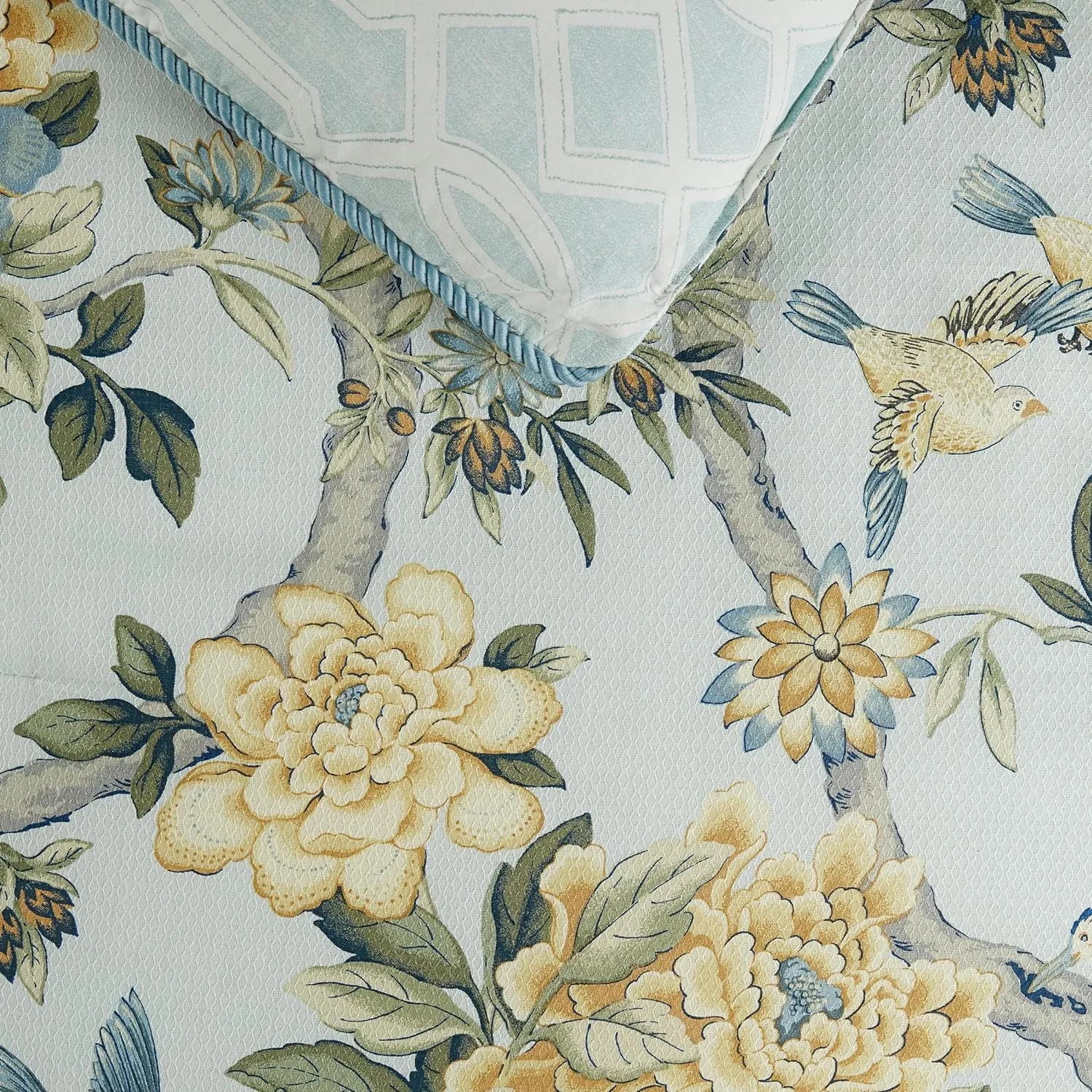 Waverly Peony Gardens 4 Piece Cotton Comforter Set, Embellished All Season Bedding, Includes One Comforter, One Bed Skirt and Two Pillow Shams, Machine Washable King Bed Set, Blue