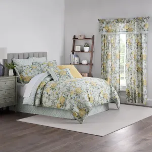 Waverly Peony Gardens 4 Piece Cotton Comforter Set, Embellished All Season Bedding, Includes One Comforter, One Bed Skirt and Two Pillow Shams, Machine Washable King Bed Set, Blue