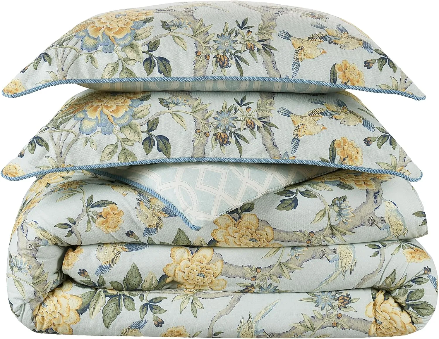 Waverly Peony Gardens 4 Piece Cotton Comforter Set, Embellished All Season Bedding, Includes One Comforter, One Bed Skirt and Two Pillow Shams, Machine Washable King Bed Set, Blue
