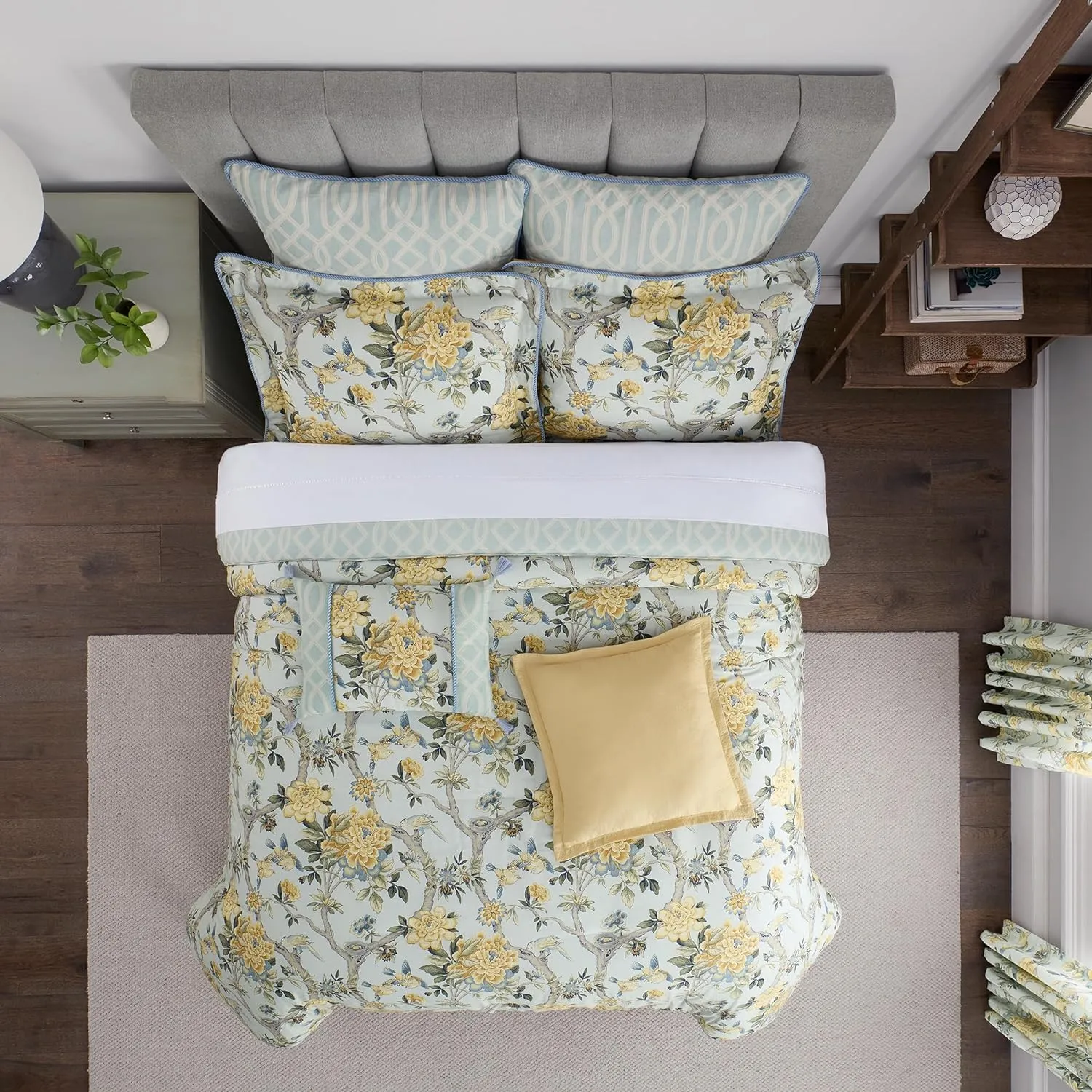 Waverly Peony Gardens 4 Piece Cotton Comforter Set, Embellished All Season Bedding, Includes One Comforter, One Bed Skirt and Two Pillow Shams, Machine Washable King Bed Set, Blue