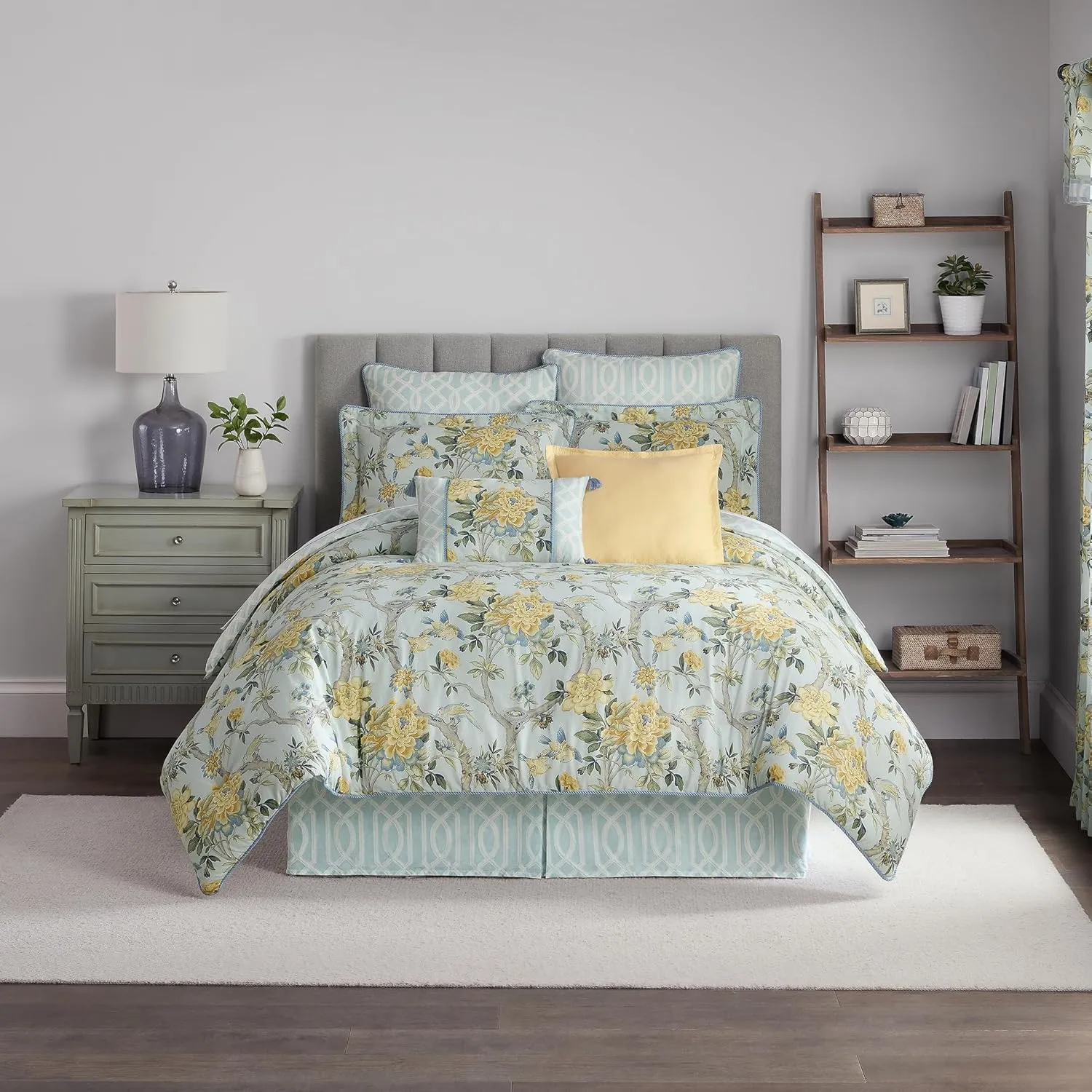 Waverly Peony Gardens 4 Piece Cotton Comforter Set, Embellished All Season Bedding, Includes One Comforter, One Bed Skirt and Two Pillow Shams, Machine Washable King Bed Set, Blue