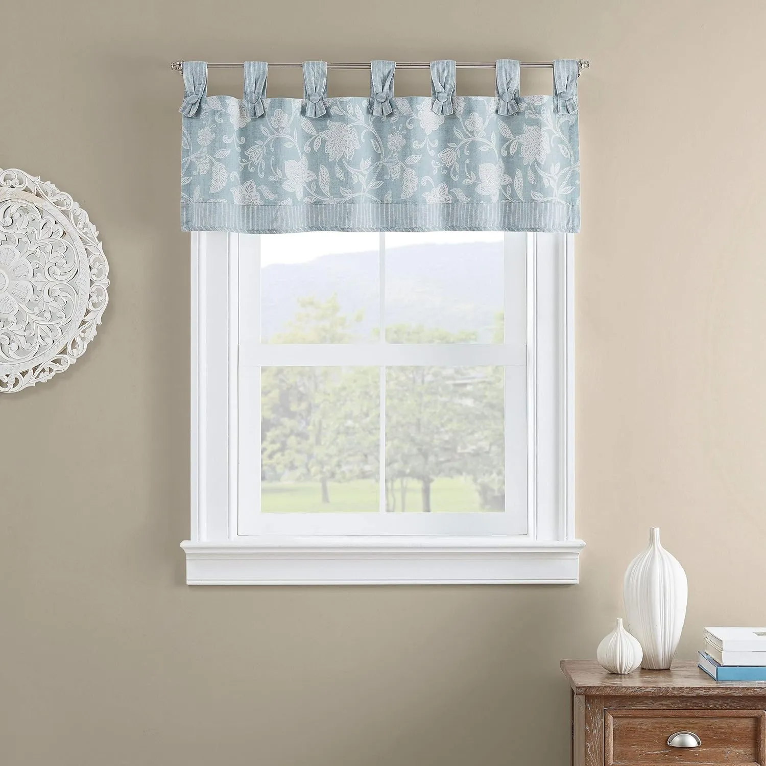 Waverly Stencil Vine Short Curtain Valance Tab Top Window Curtains for Kitchen or Bathroom, 52" x 18", Spa