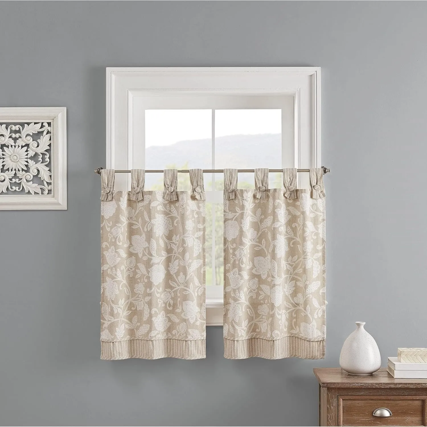 Waverly Stencil Vine Small Panel Tiers Privacy Window Treatment Pair Bathroom, Living Room, 52" x 36", Black