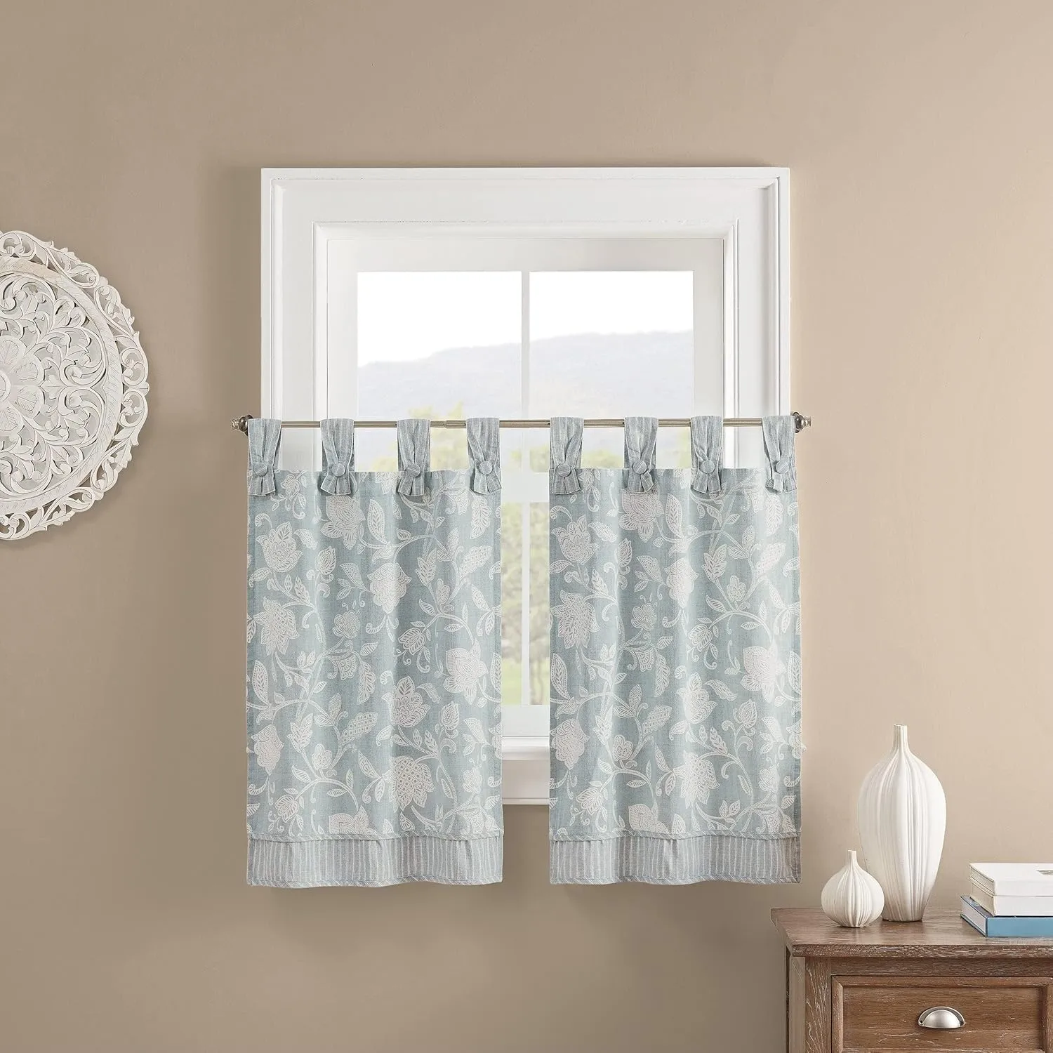Waverly Stencil Vine Small Panel Tiers Privacy Window Treatment Pair Bathroom, Living Room, 52" x 36", Black