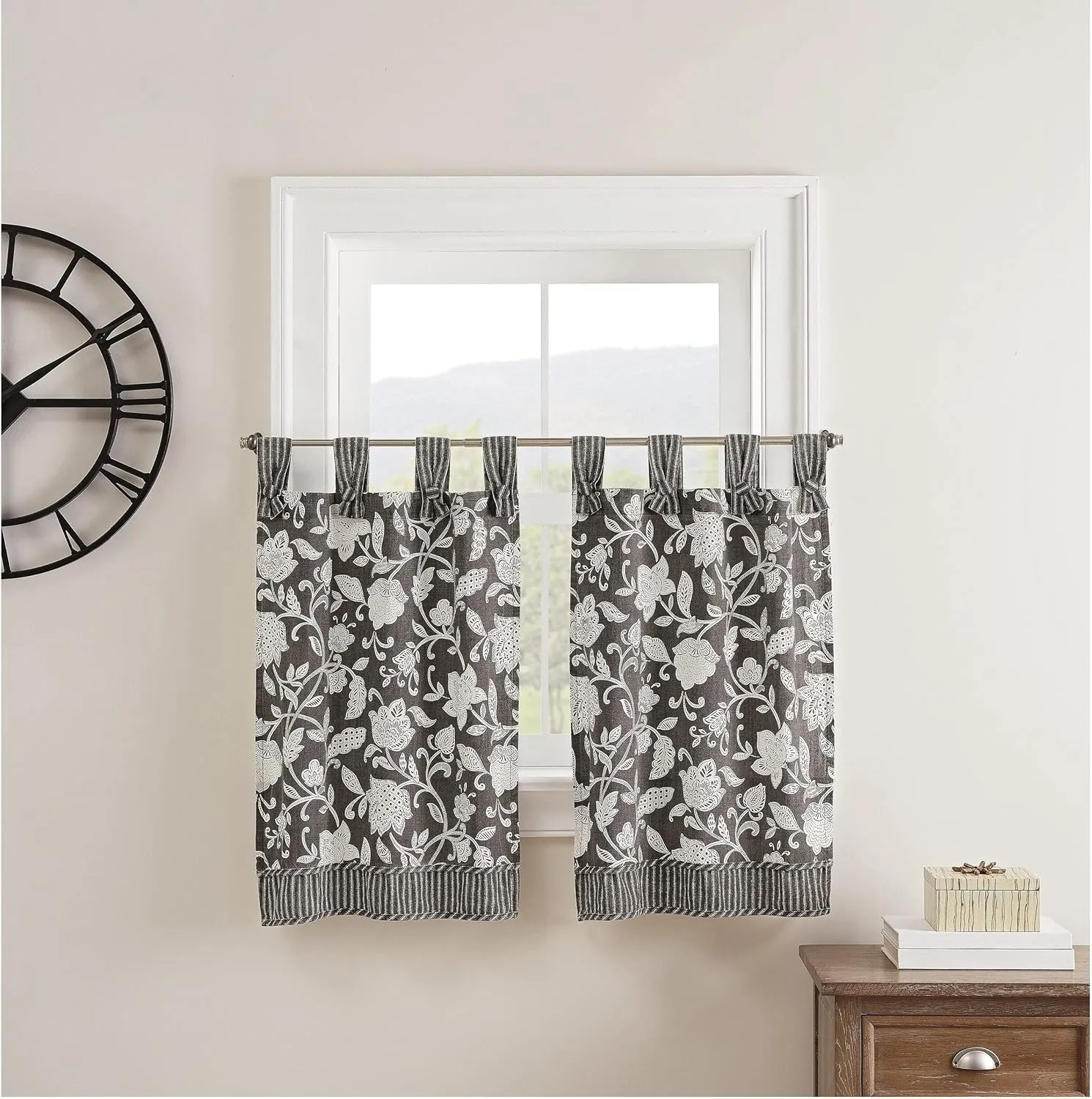Waverly Stencil Vine Small Panel Tiers Privacy Window Treatment Pair Bathroom, Living Room, 52" x 36", Black