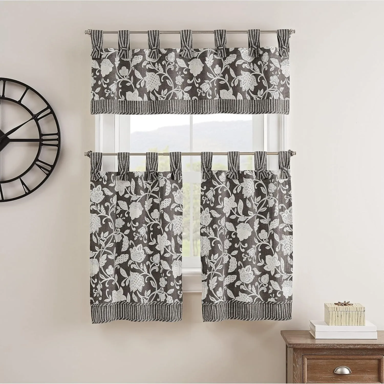 Waverly Stencil Vine Small Panel Tiers Privacy Window Treatment Pair Bathroom, Living Room, 52" x 36", Black